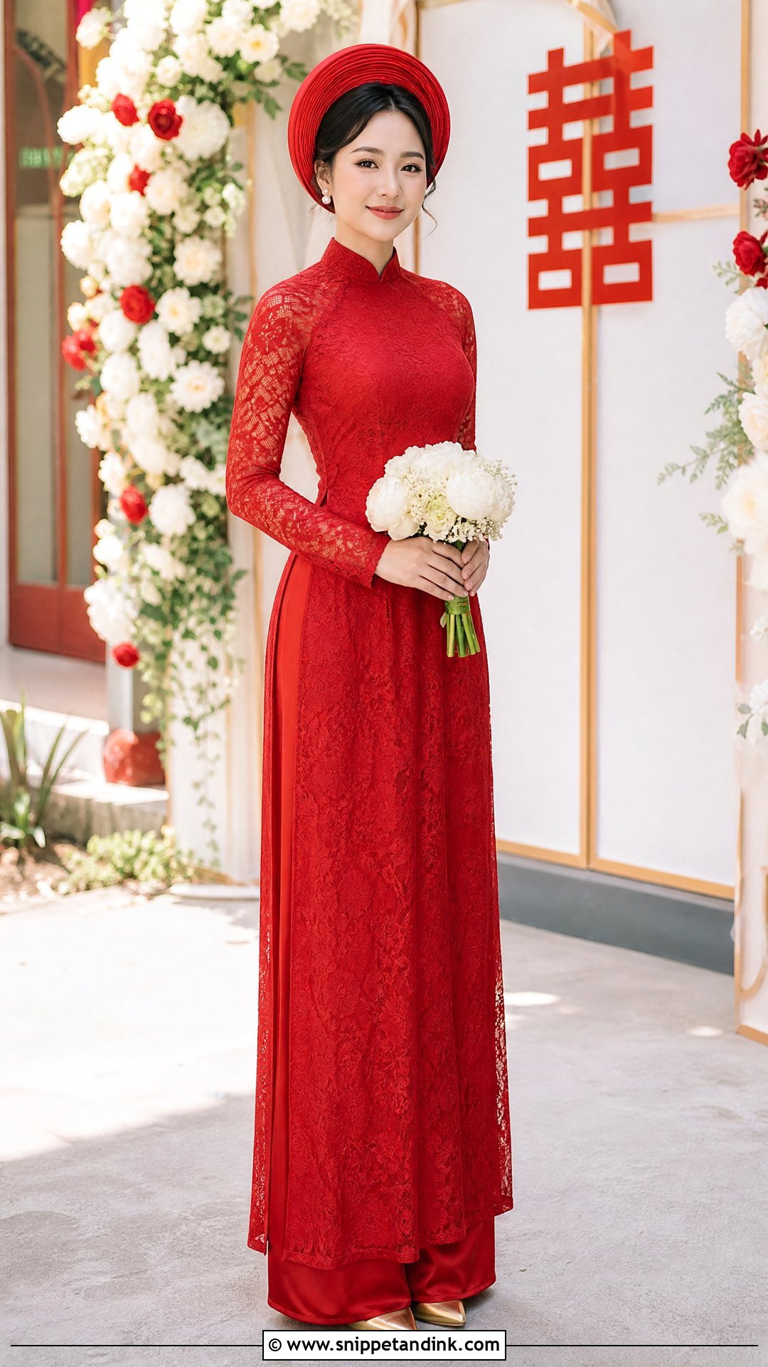 Red Lace Ao Dai With Red Pants - Snippet and Ink - 20 Red Ao Dai Wedding Ideas