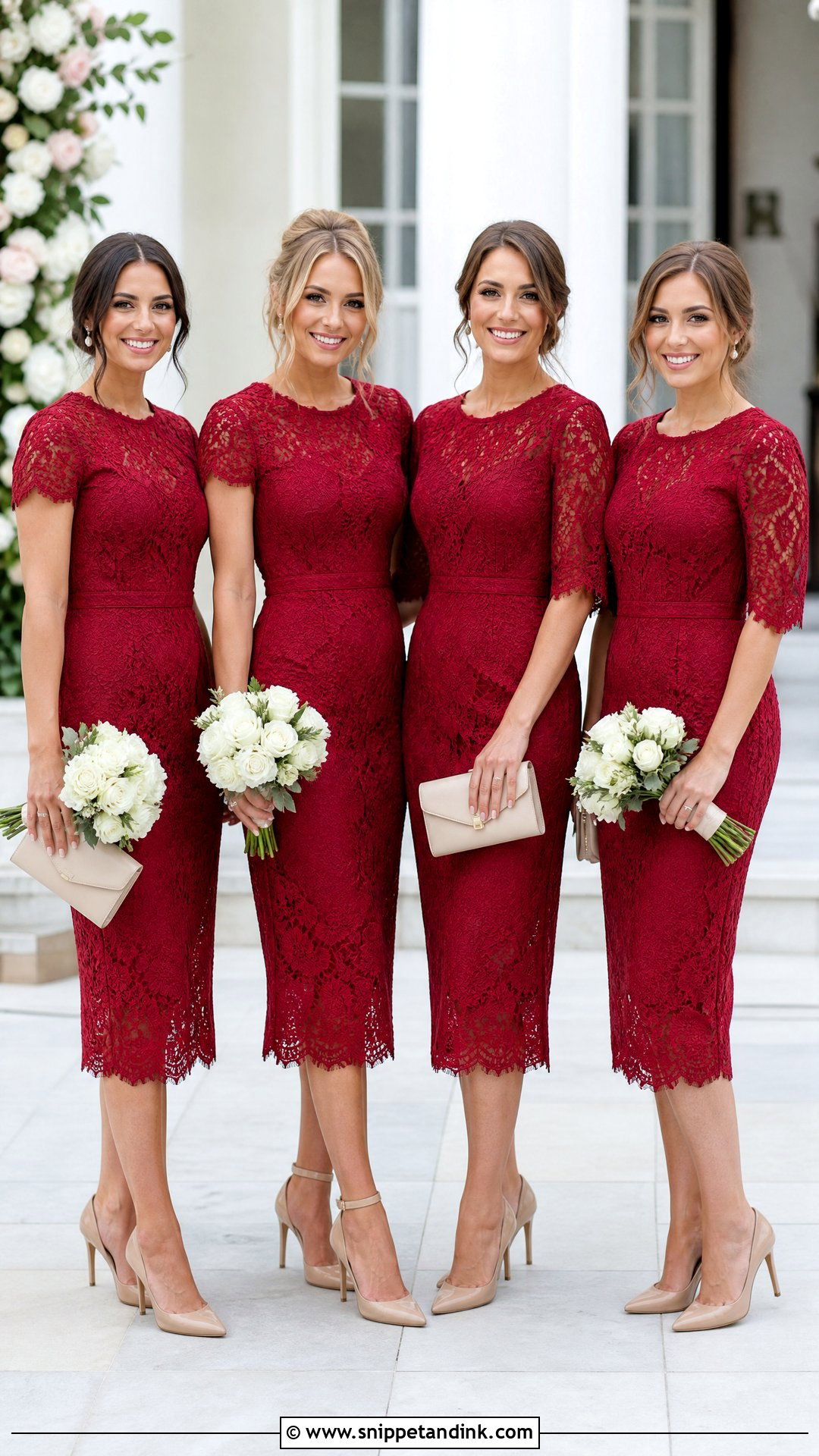 Red Lace Midi Bridal Party Dresses - Snippet and Ink - 20 Red Bridal Party Ideas