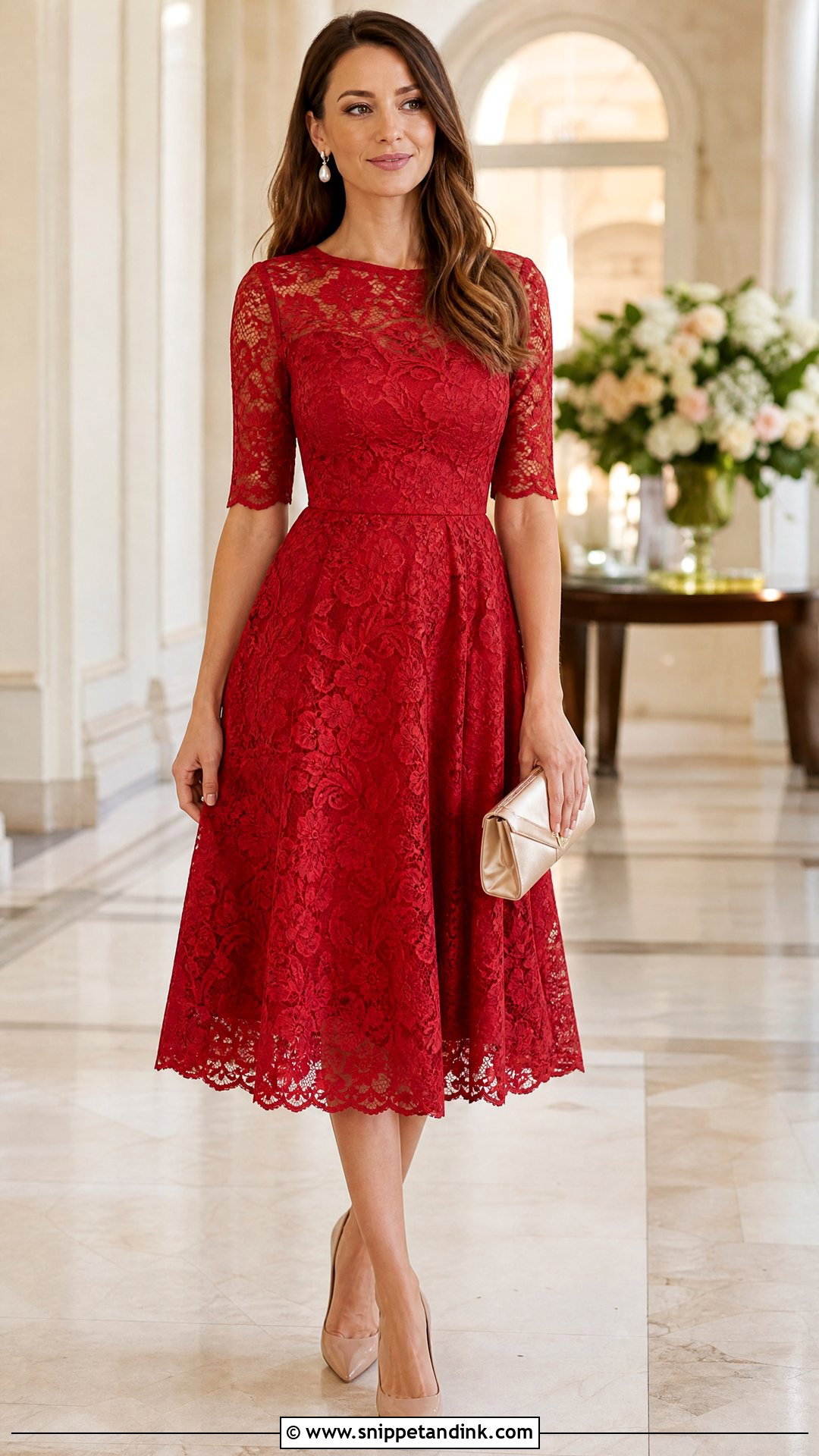 Red Lace Midi Dress for Wedding - Snippet and Ink - 20 Red Dresses for Wedding