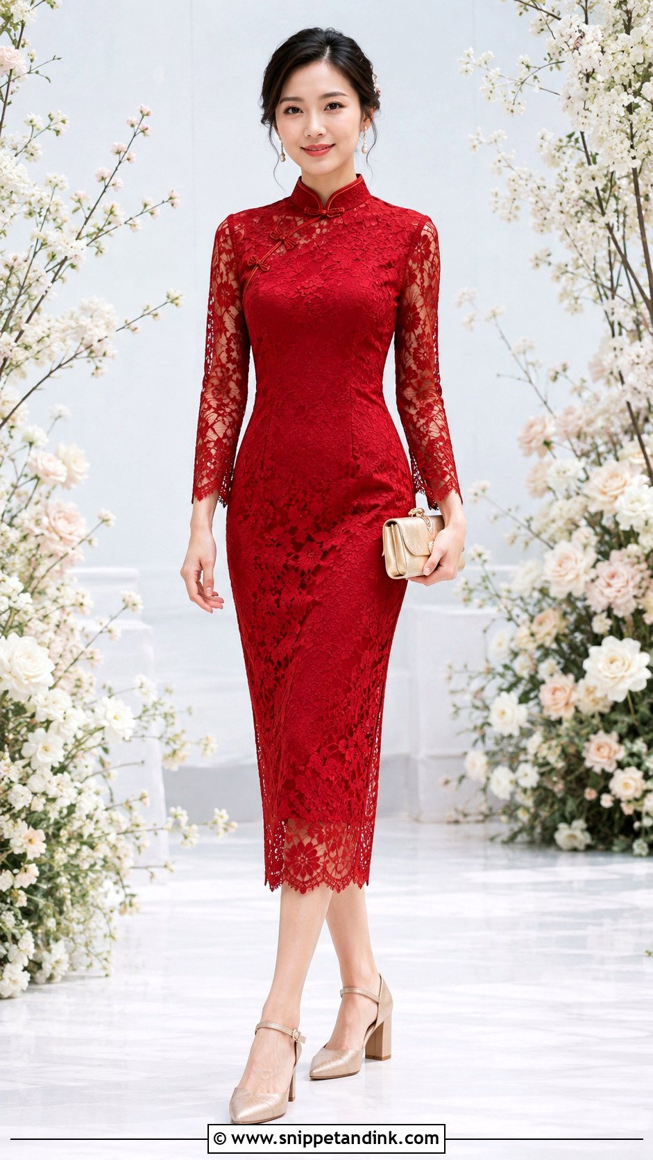 Red Lace Qipao Chinese Wedding Outfit - Snippet and Ink - 20 Chinese Wedding Outfits
