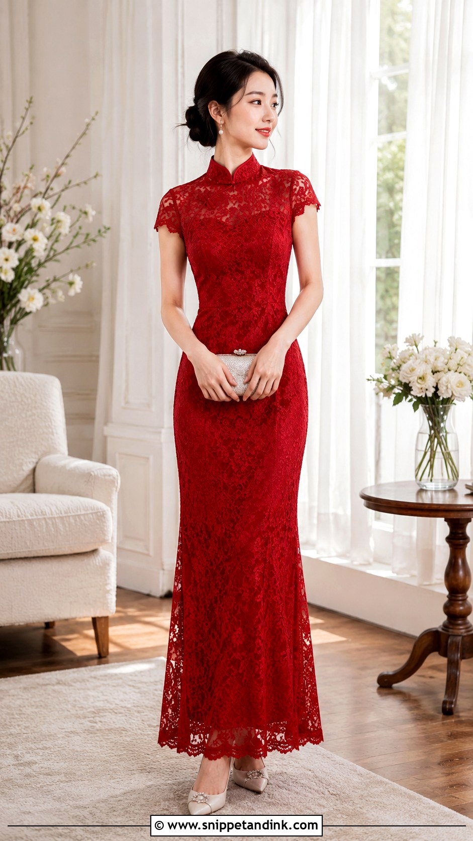Red Lace Qipao Wedding Dress - Snippet and Ink - 25 Traditional Chinese Wedding Dress Ideas