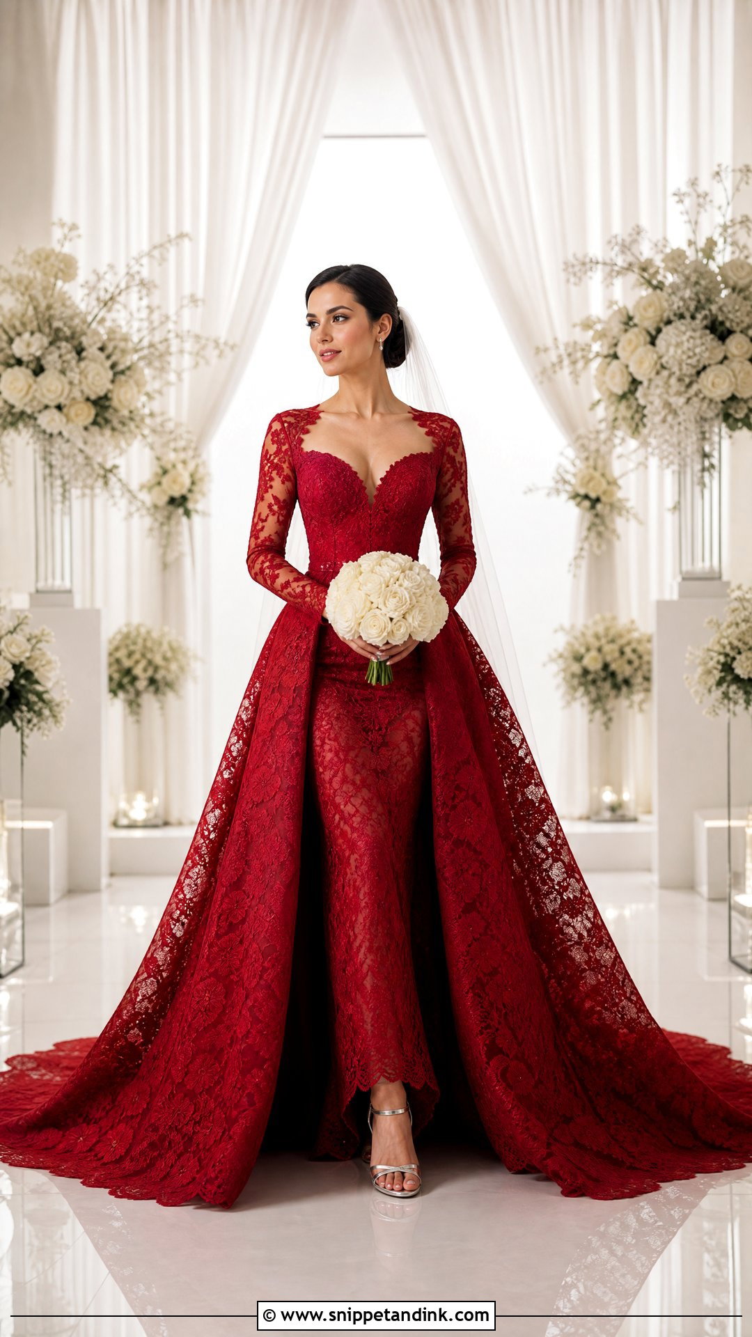 Red Lace Wedding Dress With Detachable Overskirt - Snippet and Ink - 20 Red Lace Wedding Dress Ideas