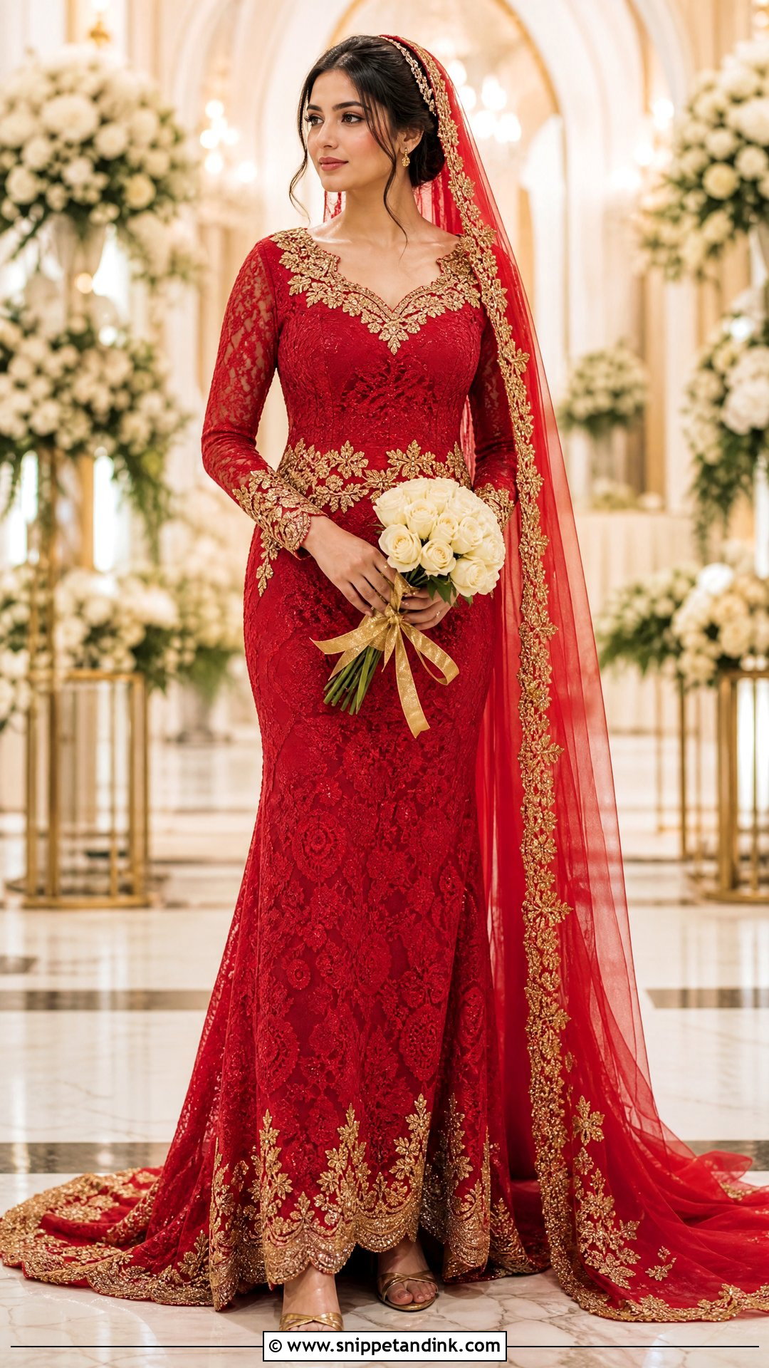 Red Lace Wedding Dress With Gold Embroidery - Snippet and Ink - 20 Red Lace Wedding Dress Ideas