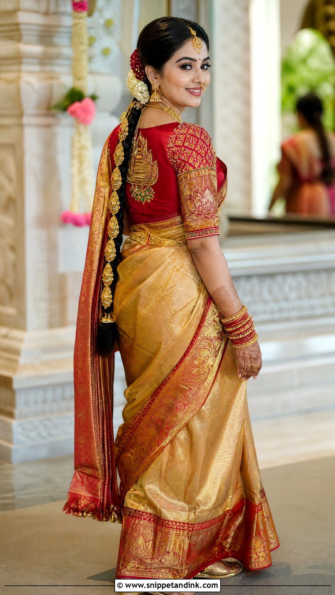 Red Lakshmi Maggam Work Blouse With Gold Pattu Saree - Snippet and Ink - 20 Wedding Maggam Work Blouse Designs