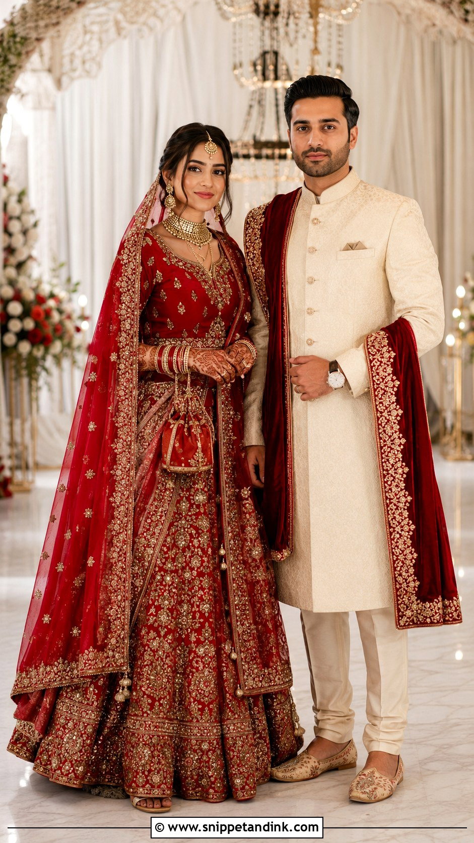 Red Lehenga And Cream Sherwani Desi Couple Outfit - Snippet and Ink - 20 Desi Couple Outfits