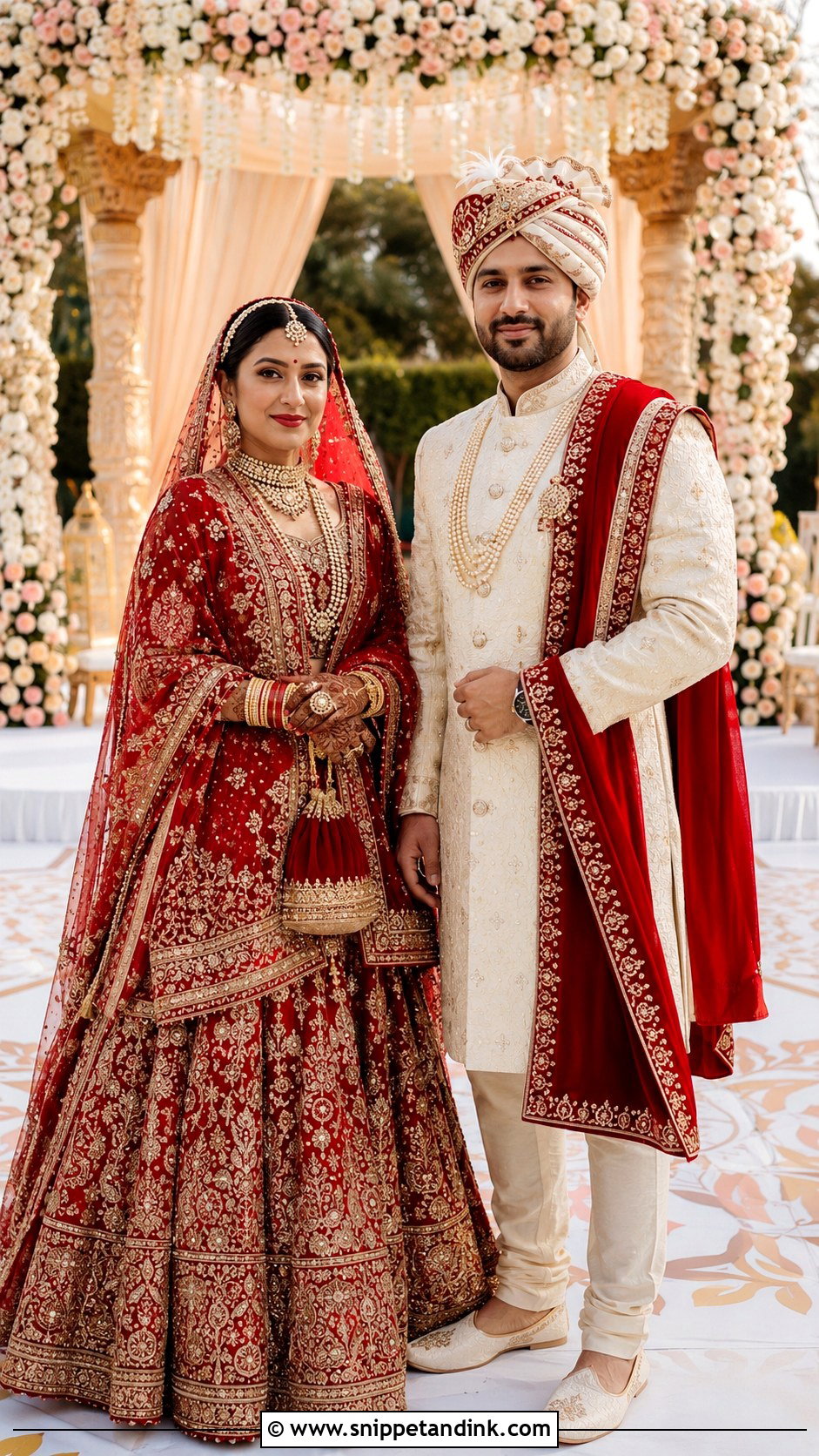 Red Lehenga And Cream Sherwani Indian Wedding Outfit - Snippet and Ink - 20 Indian Wedding Matching Outfits