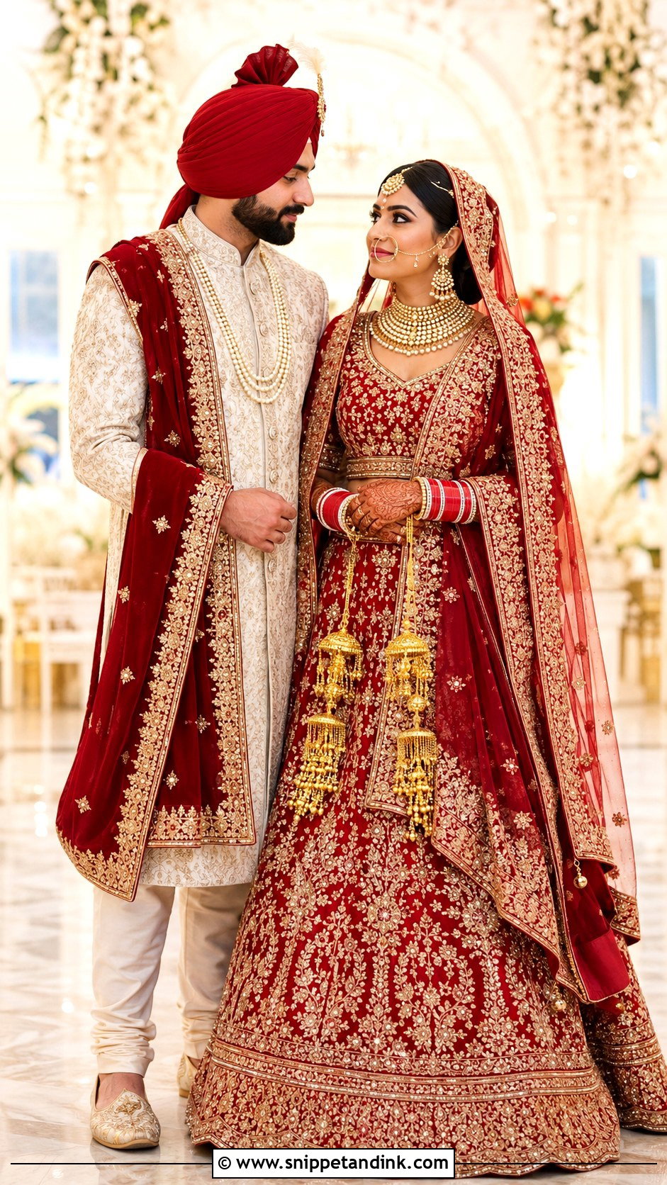 Red Lehenga And Cream Sherwani Punjabi Couple Outfit - Snippet and Ink - 20 Indian Wedding Couple Outfits