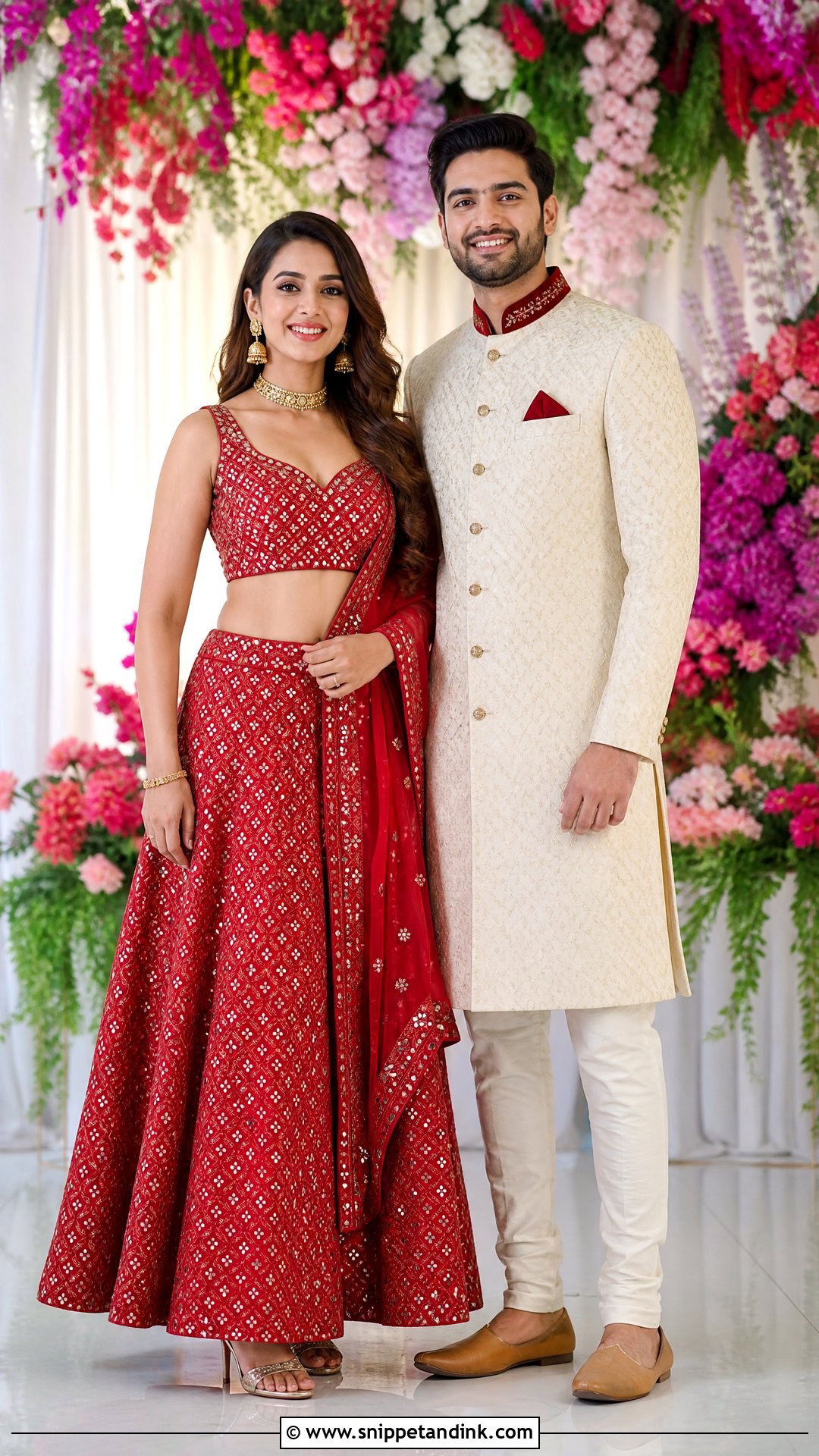 Red Lehenga And Ivory Achkan Sangeet Couple Outfit - Snippet and Ink - 25 Sangeet Couple Outfits