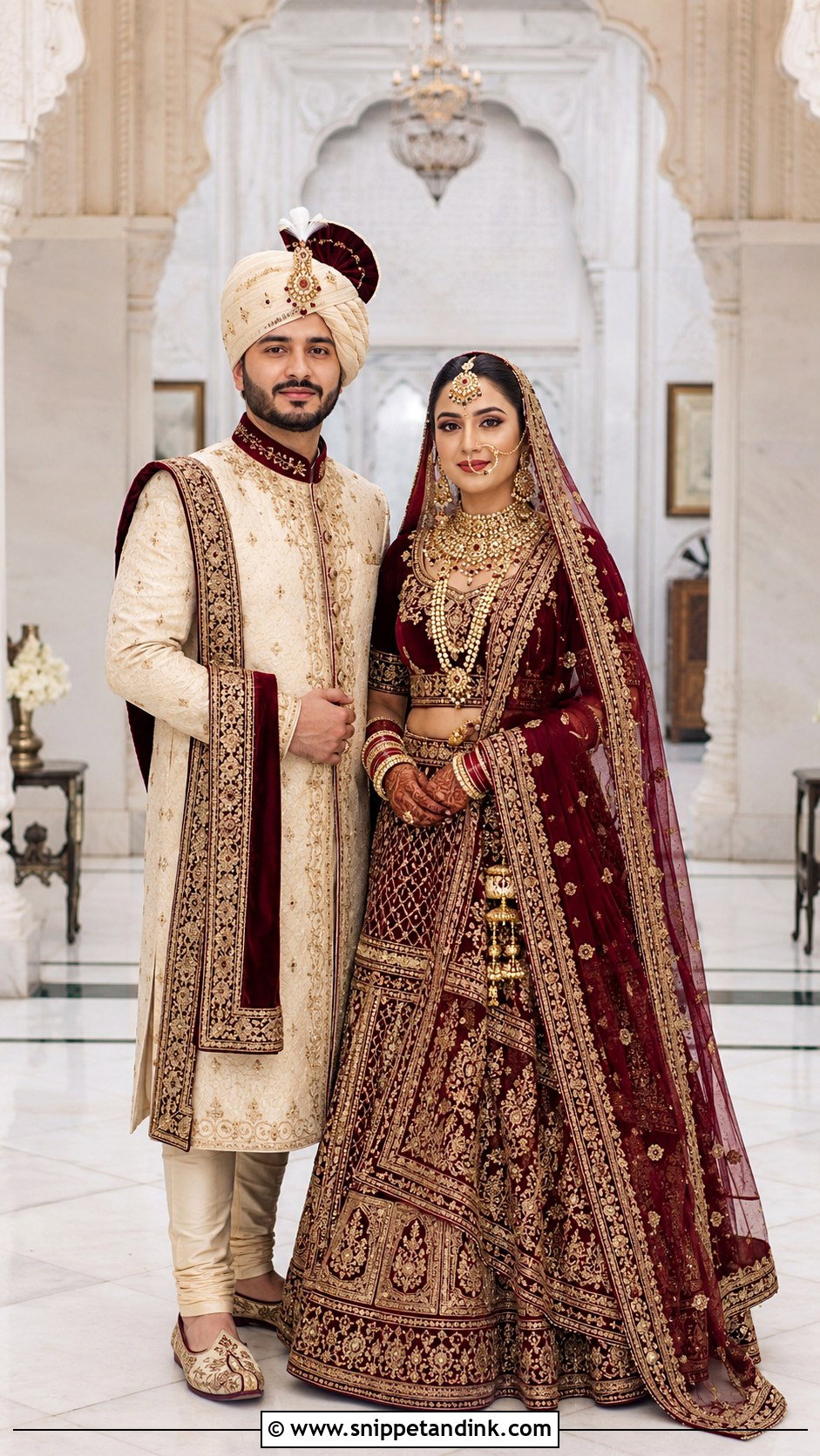 Red Lehenga And Ivory Sherwani - Snippet and Ink - 20 Couple Matching Dress Indian Wedding Ideas