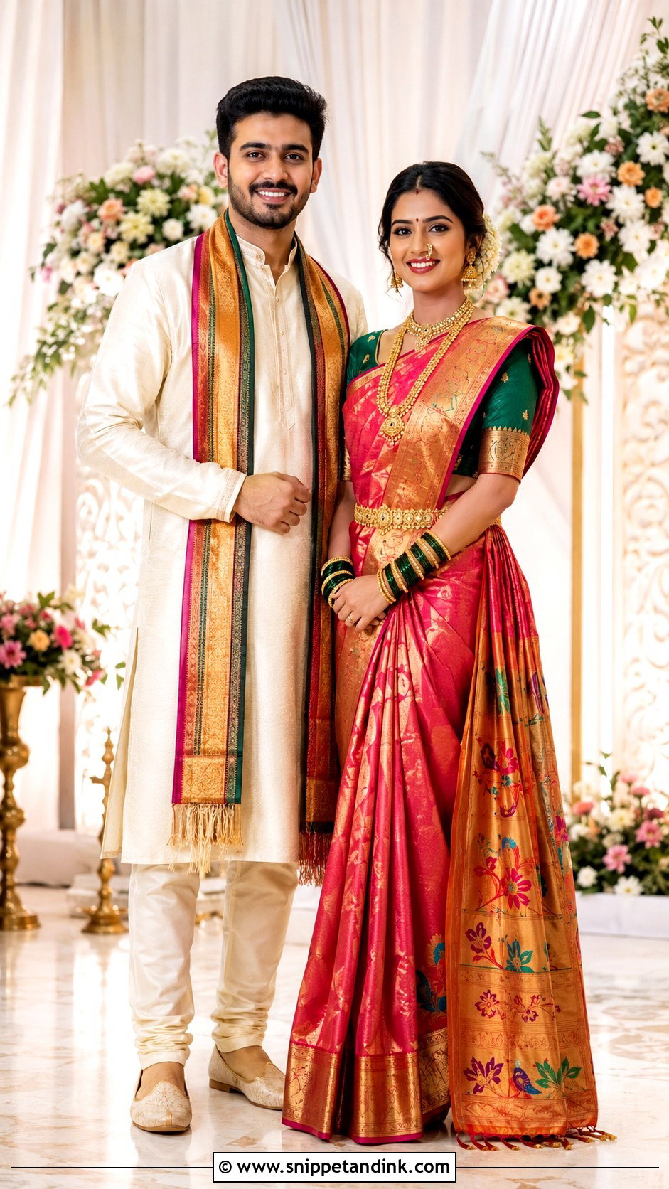 Red Lehenga And Ivory Sherwani Couple Outfit - Snippet and Ink - 20 Indian Wedding Couple Outfits