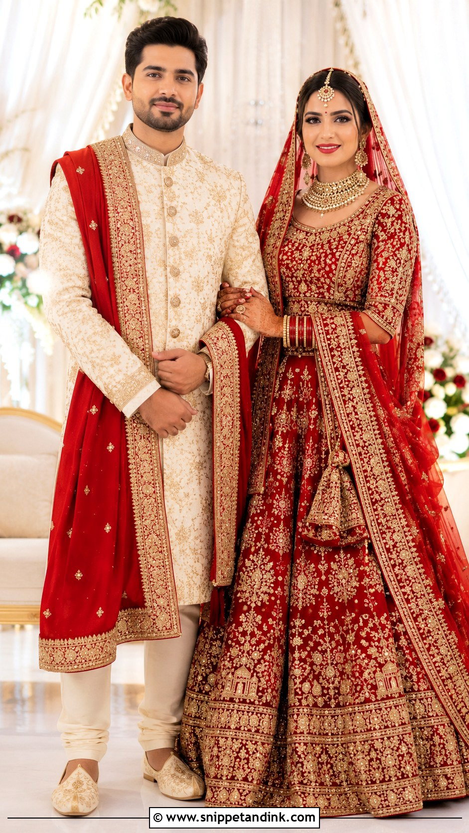 Red Lehenga And Ivory Sherwani Couple Wedding Outfit - Snippet and Ink - 20 Couple Matching Wedding Outfits