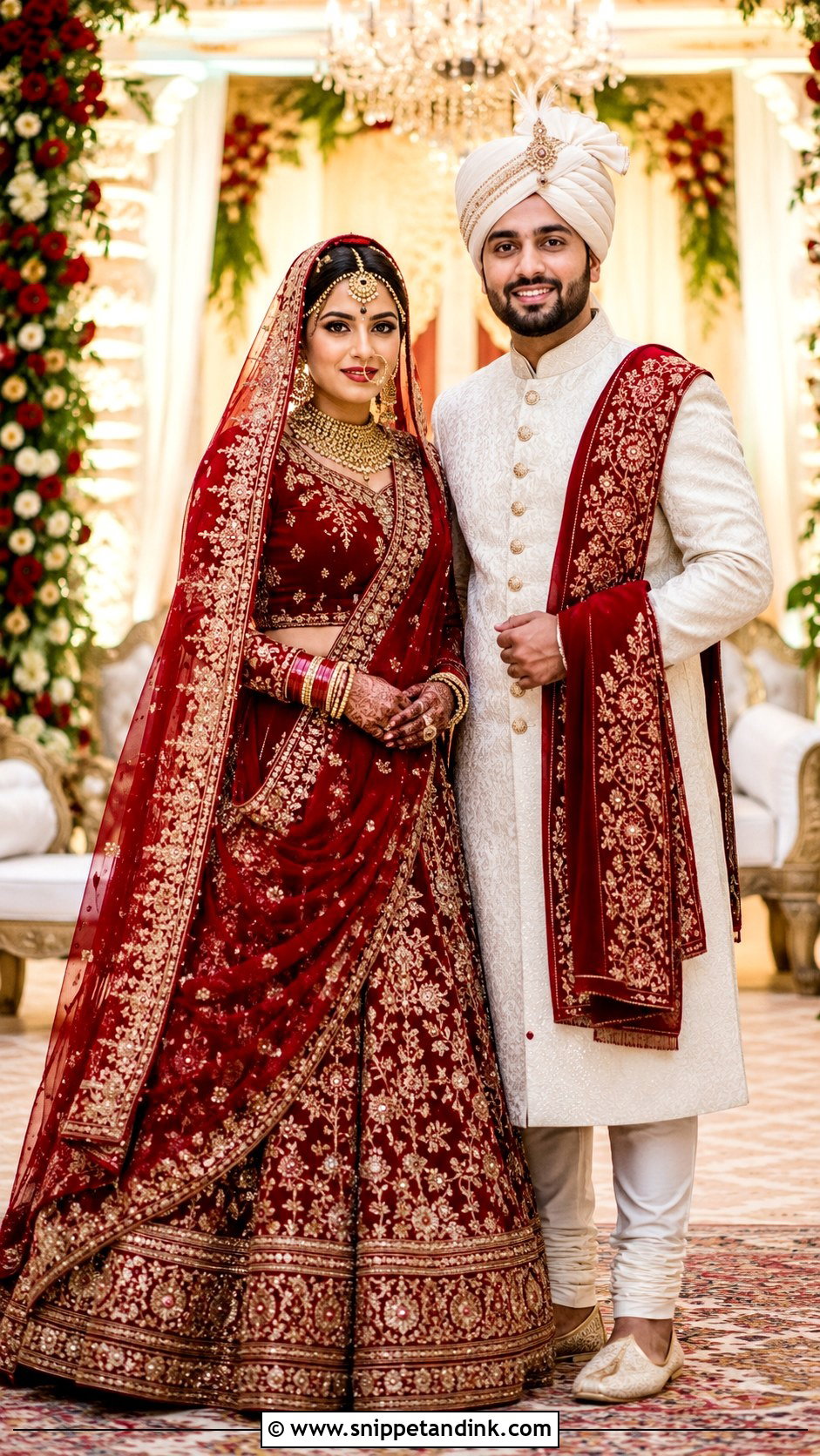 Red Lehenga And Ivory Sherwani Outfit - Snippet and Ink - 20 Indian Couple Wedding Outfit Ideas
