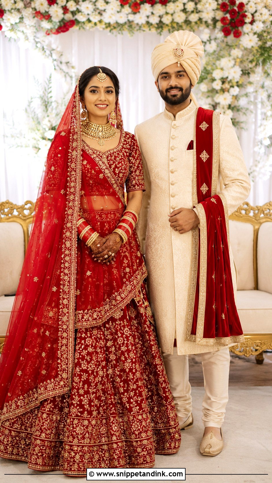 Red Lehenga And Ivory Sherwani Wedding Couple Dress Combination - Snippet and Ink - 25 Wedding Couple Dress Combination Ideas