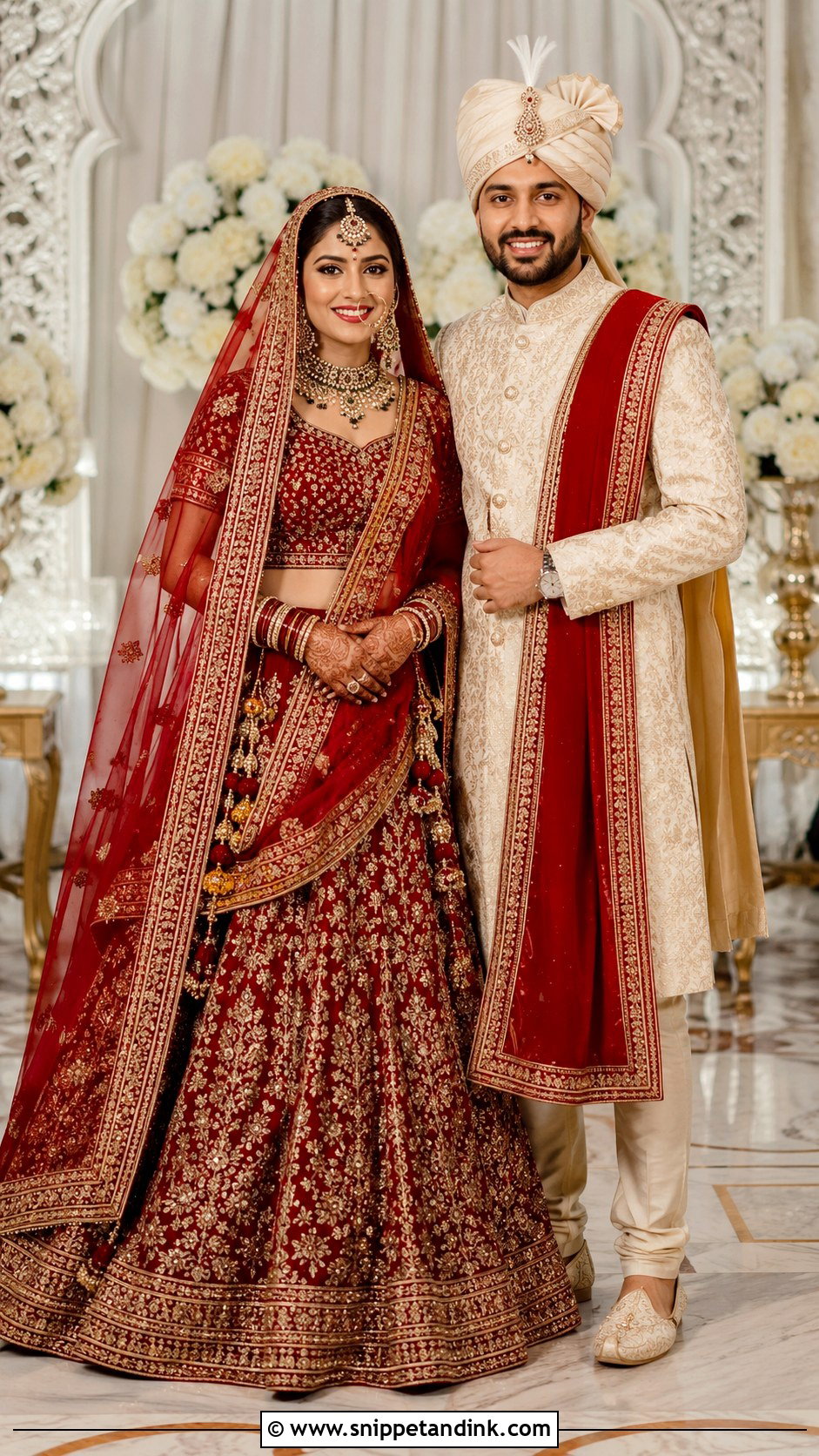 Red Lehenga And Ivory Sherwani Wedding Couple Outfit - Snippet and Ink - 20 Couple Matching Indian Outfits