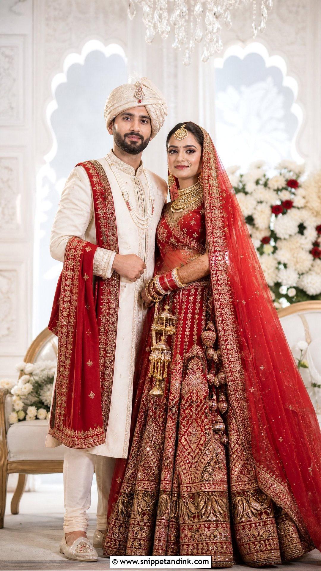 Red Lehenga And Ivory Sherwani Wedding Outfit - Snippet and Ink - 25 Wedding Outfits for Couples