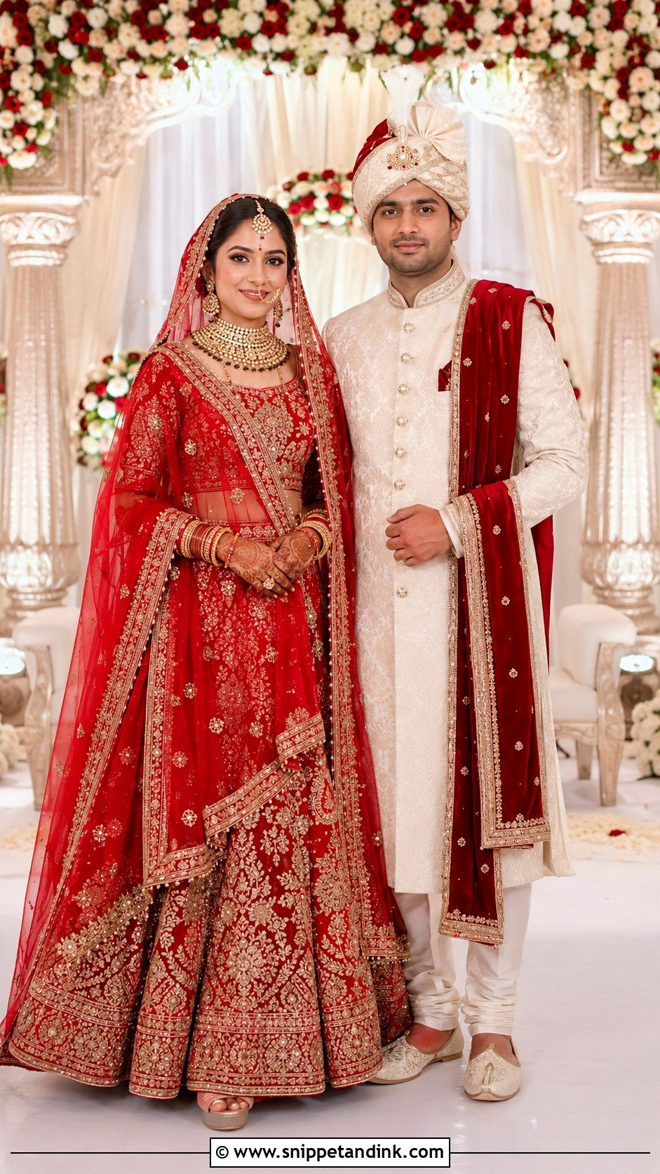 Red Lehenga And Ivory Sherwani - Snippet and Ink - 20 Couple Matching Outfits Indian Wedding