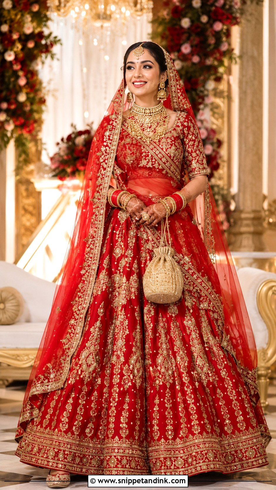 Red Lehenga With Gold Bridal Bangle Set - Snippet and Ink - 20 Bridal Bengal Set Ideas