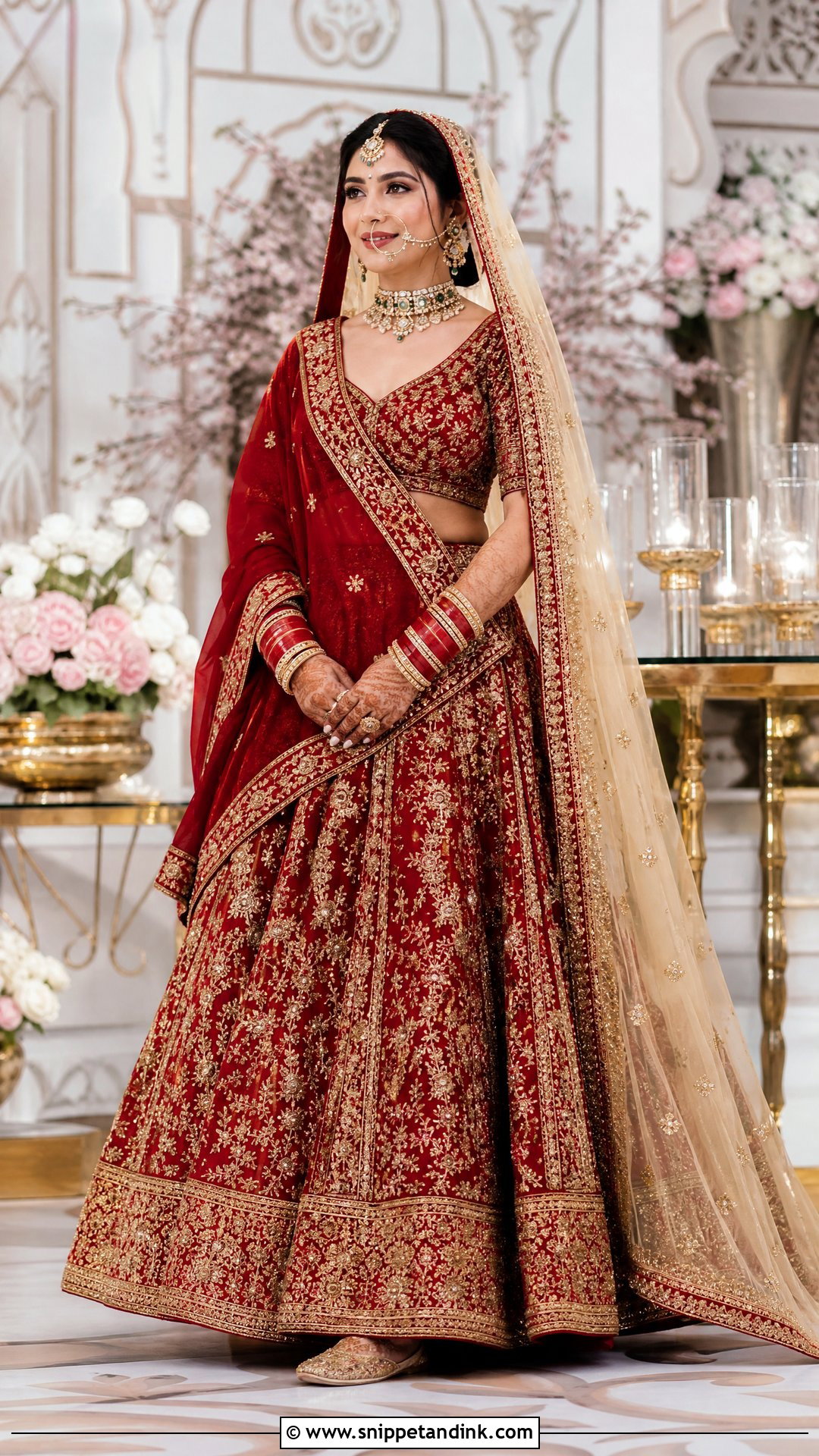 Red Lehenga With Gold Contrast Trail Dupatta - Snippet and Ink - 20 Trail Dupatta Bridal Ideas