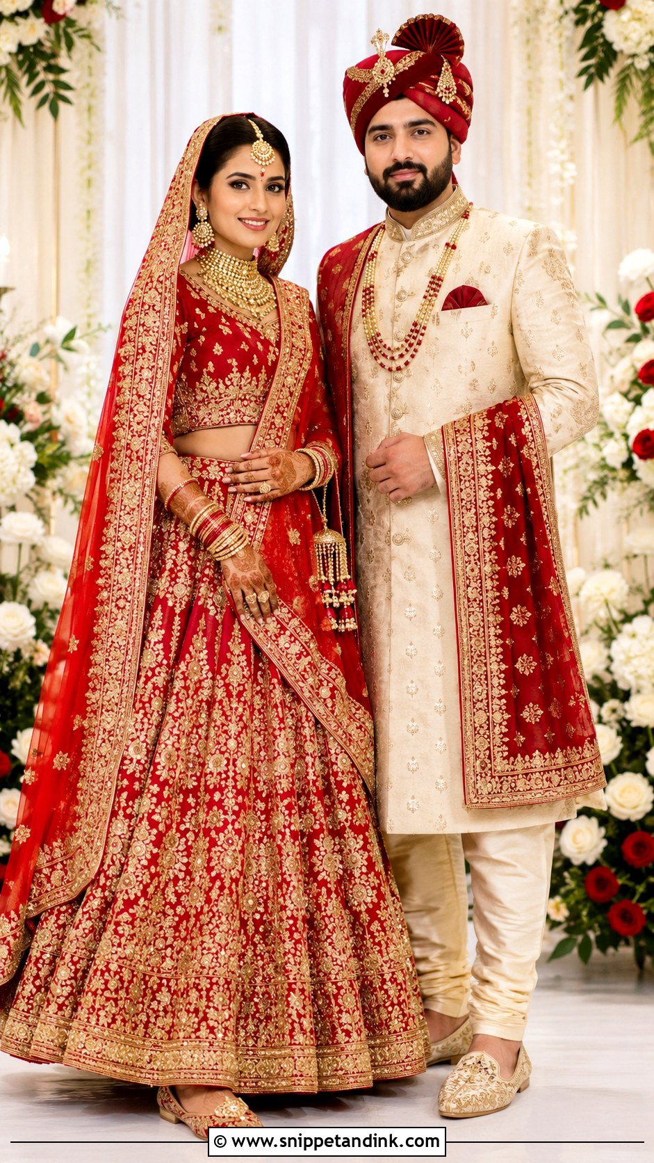 Red Lehenga and Cream Sherwani Couple Wedding Outfit - Snippet and Ink - 20 Couple Dress for Wedding Ideas