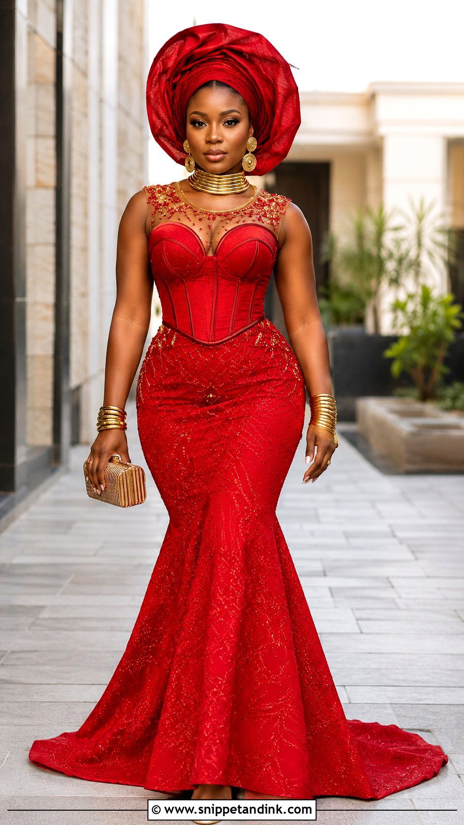Red Lobola Dress With Gold Jewelry - Snippet and Ink - 30 Lobola Dresses for Bride