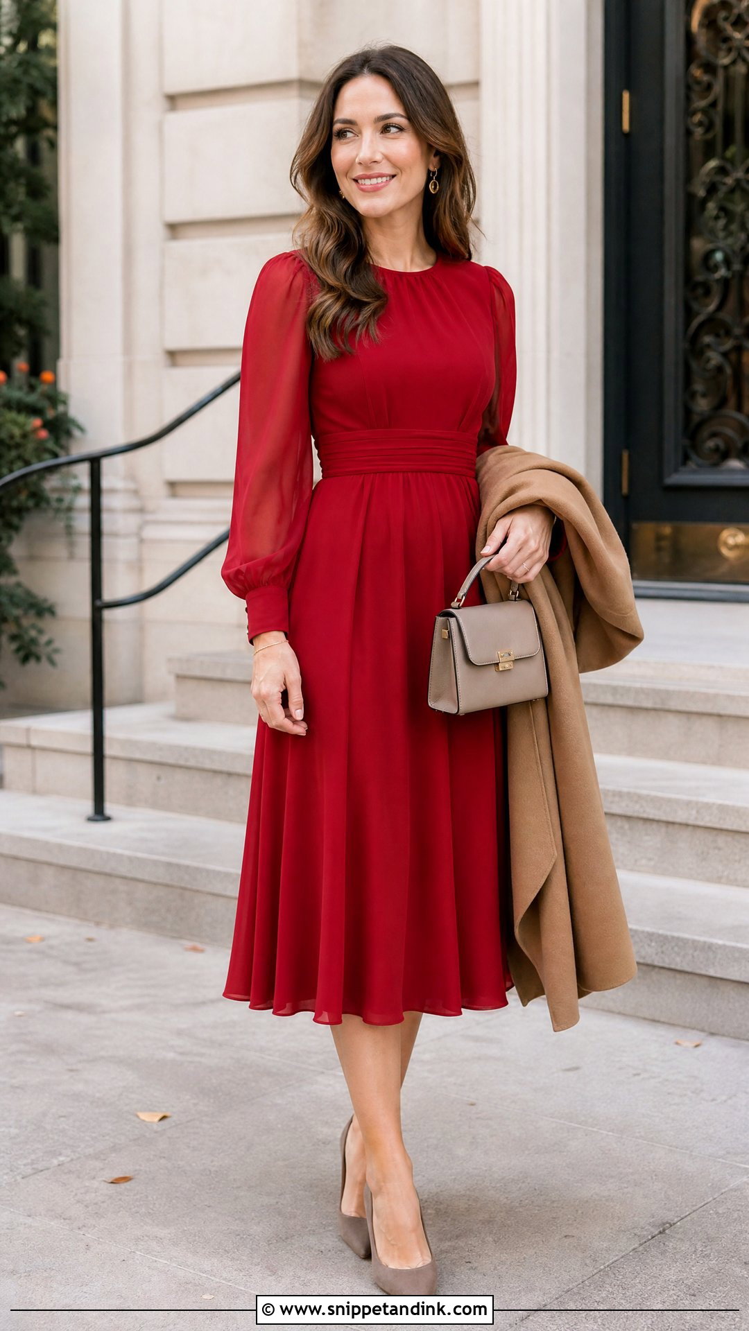 Red Long Sleeve Midi Dress for Wedding - Snippet and Ink - 20 Red Dresses for Wedding