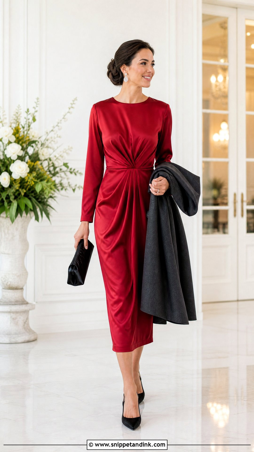 Red Long Sleeve Satin Midi Dress for Wedding - Snippet and Ink - 25 Red Dress for Wedding Ideas