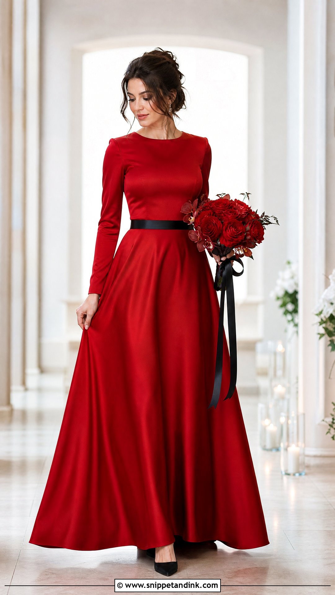 Red Long Sleeve Wedding Dress With Black Belt - Snippet and Ink - 25 Red and Black Wedding Dress Ideas