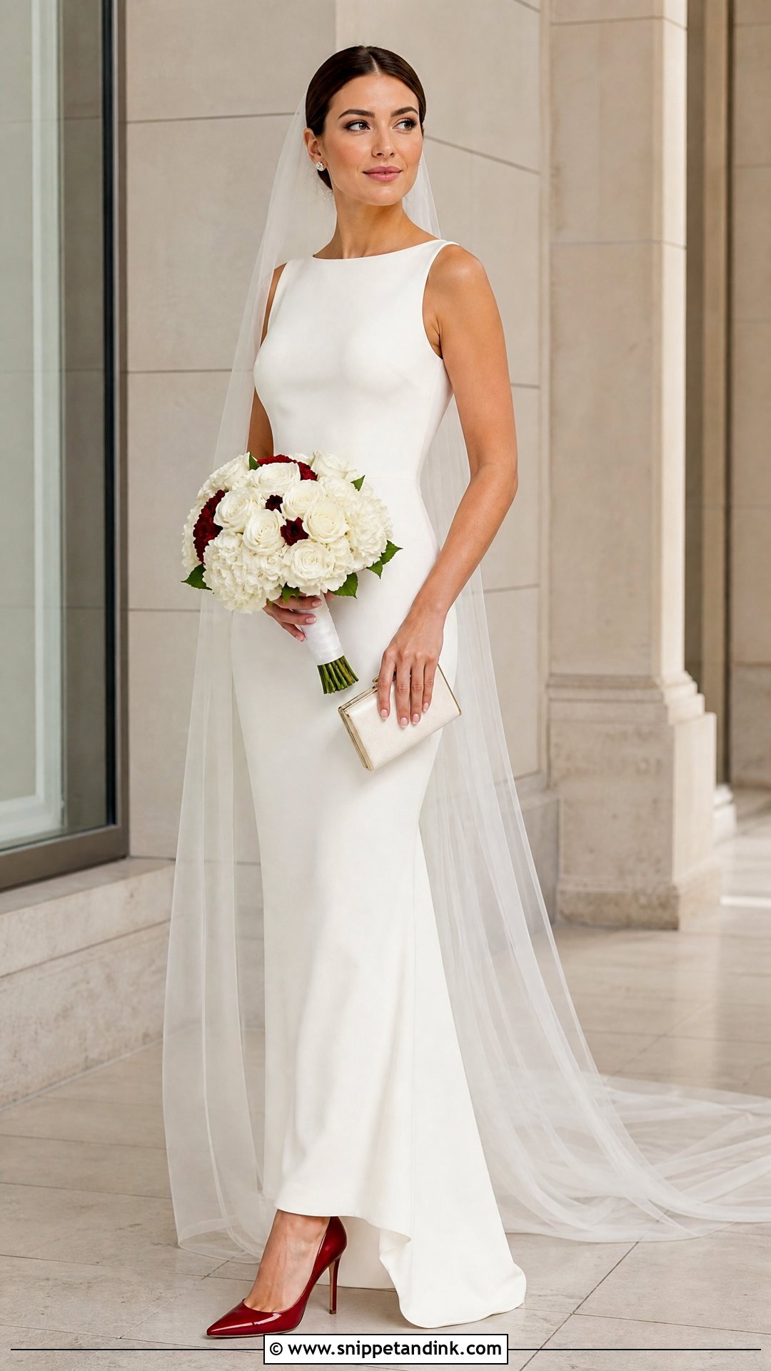 Red Louboutins With A Simple Column Gown - Snippet and Ink - 20 Wedding Louboutins Ideas