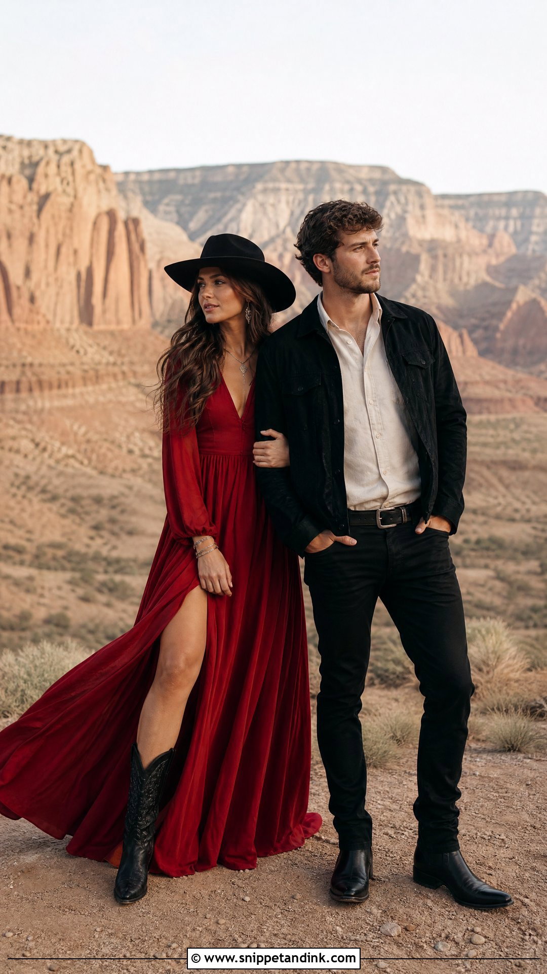 Red Maxi Dress And Black Cowboy Boots Outfit - Snippet and Ink - 20 Western Pre Wedding Shoot Outfit Ideas