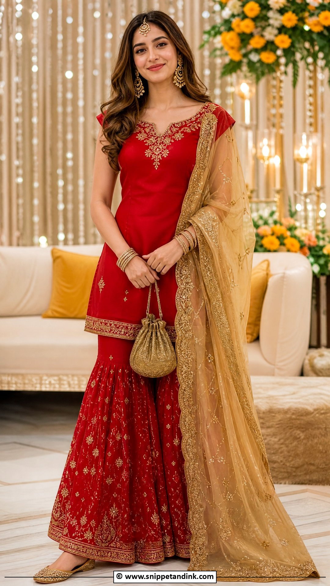 Red Mehndi Sharara With Gold Dupatta - Snippet and Ink - 35 Mehndi Dresses