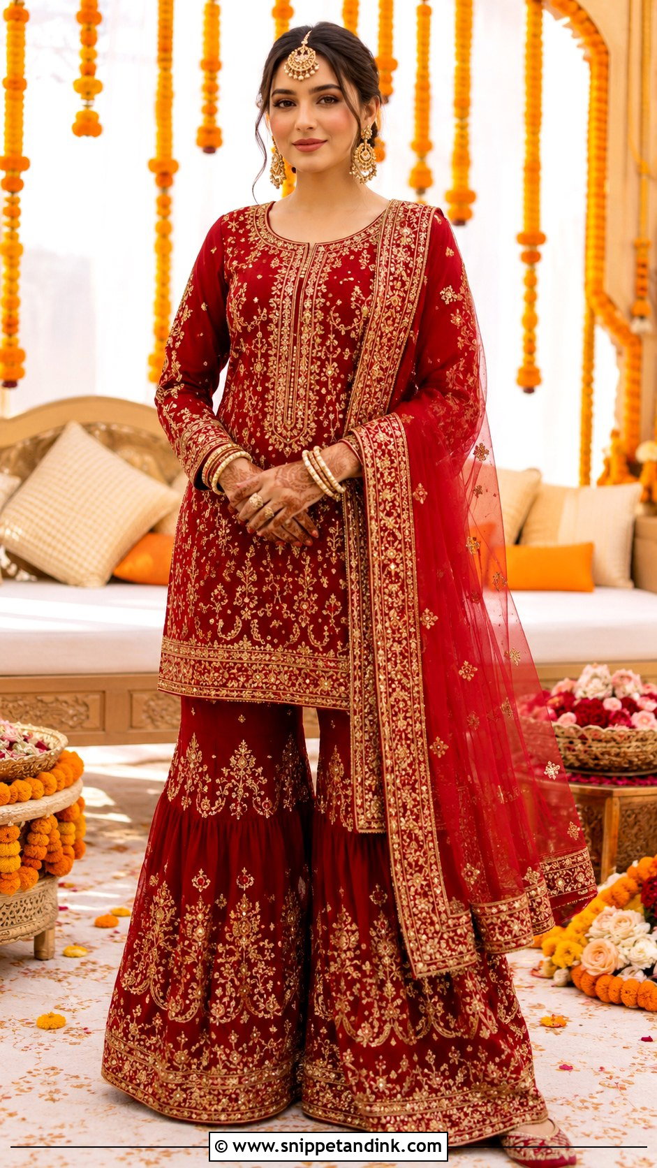 Red Mehndi Sharara With Gold Embroidery - Snippet and Ink - 25 Mehndi Sharara Outfit Ideas