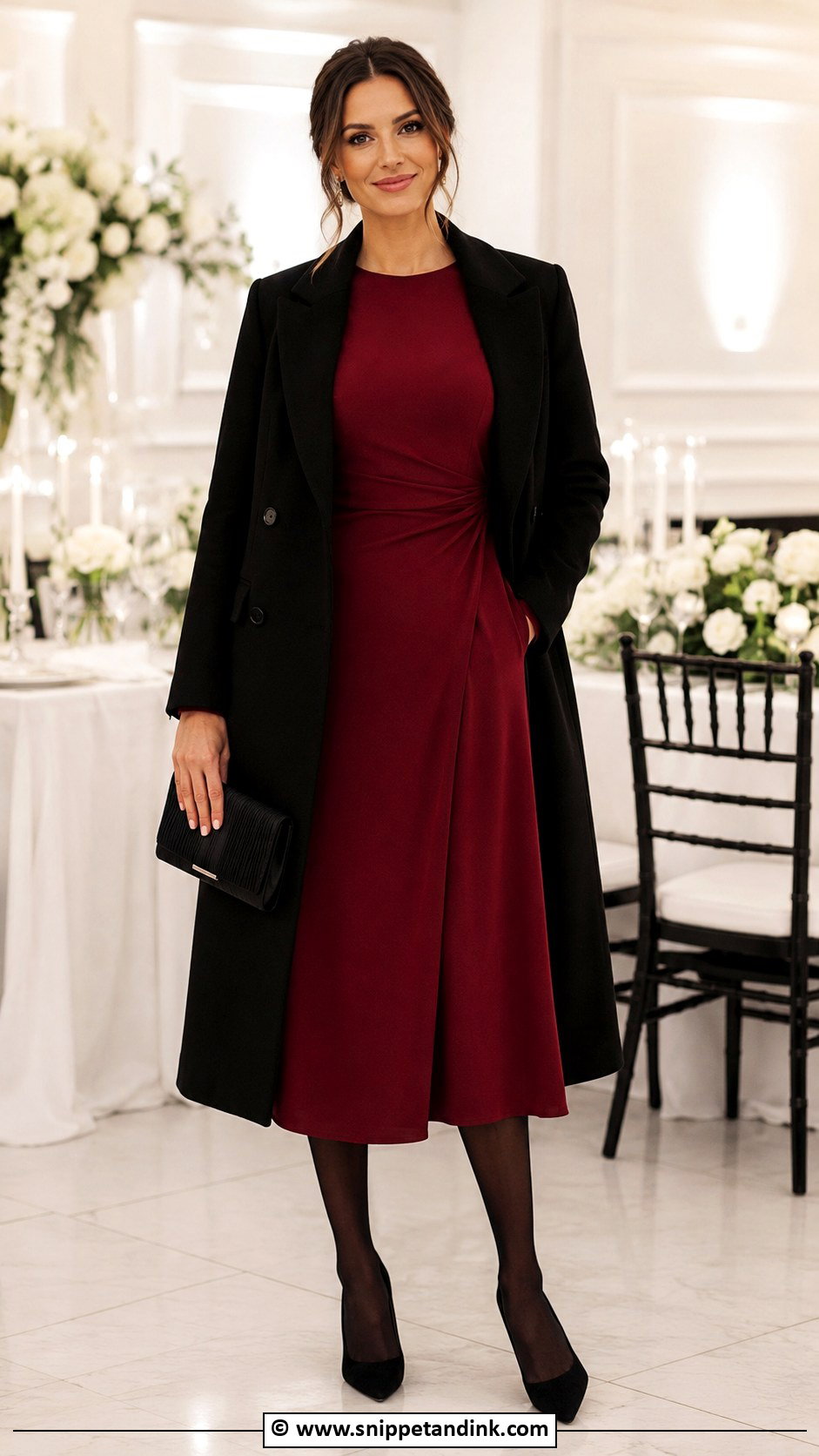 Red Midi Dress With Black Tights - Snippet and Ink - 35 Winter Wedding Dress Ideas