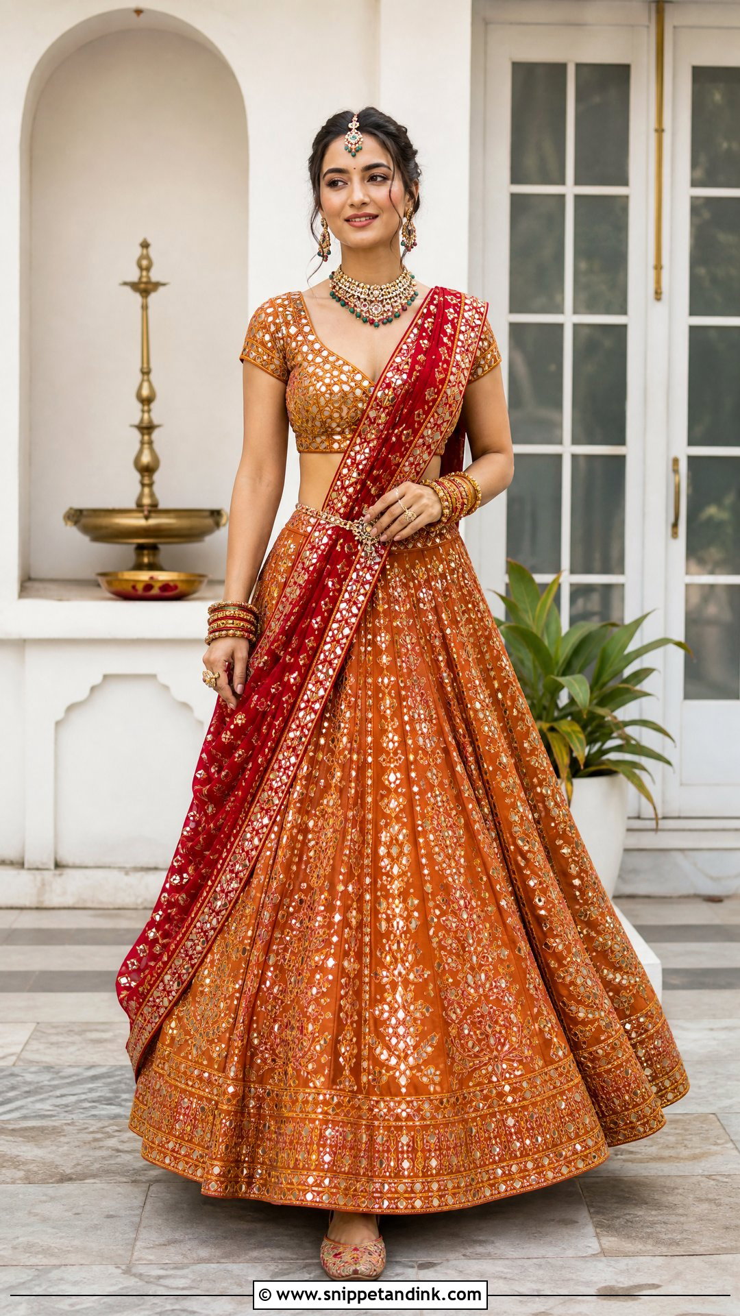 Red Mirror Work Dupatta With Orange Lehenga - Snippet and Ink - 20 Red Dupatta for Bride Ideas