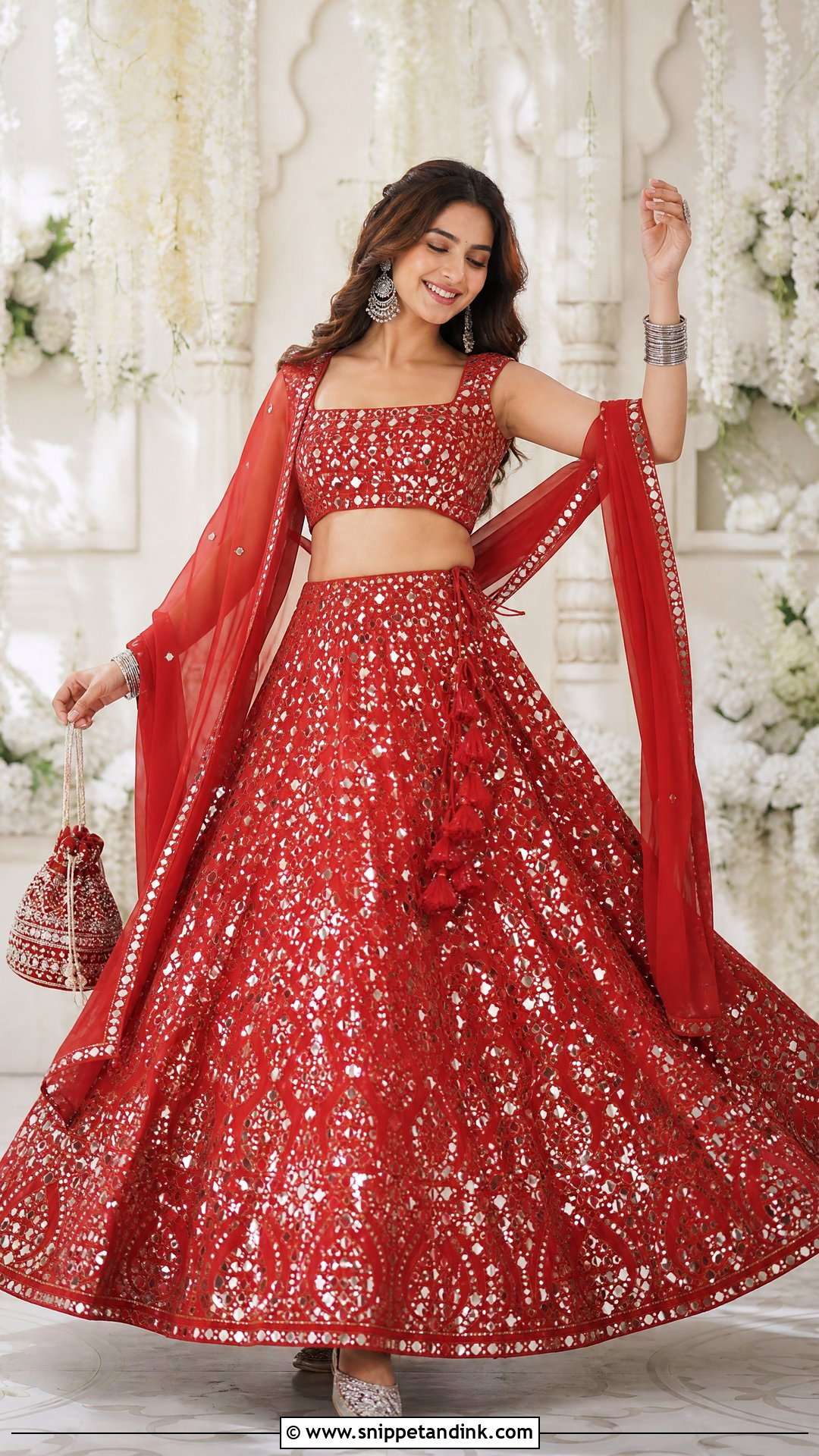 Red Mirror Work Sangeet Lehenga - Snippet and Ink - 20 Red Sangeet Outfit Ideas