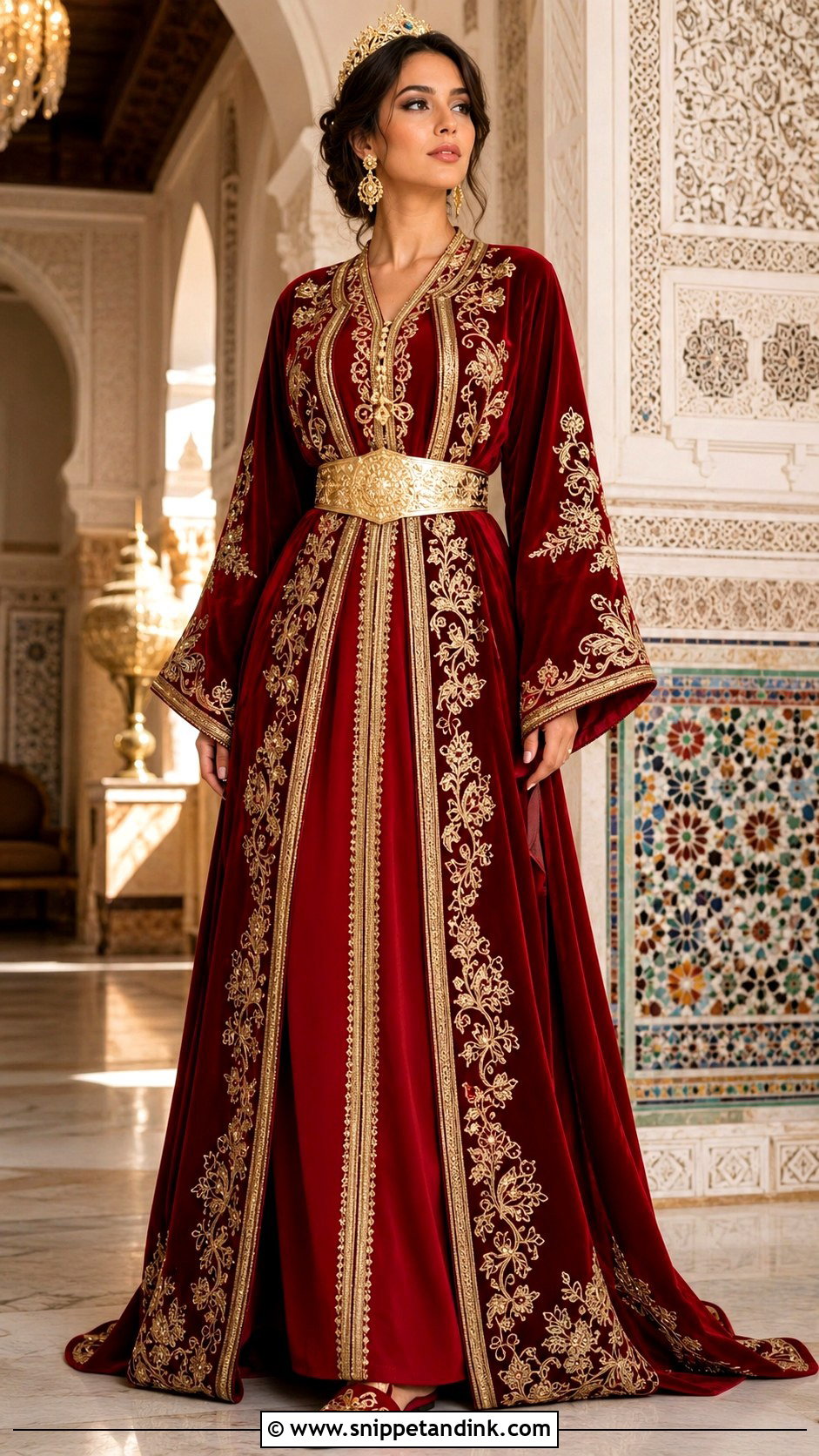 Red Moroccan Bride Kaftan With Gold Belt - Snippet and Ink - 20 Moroccan Bride Dress Ideas