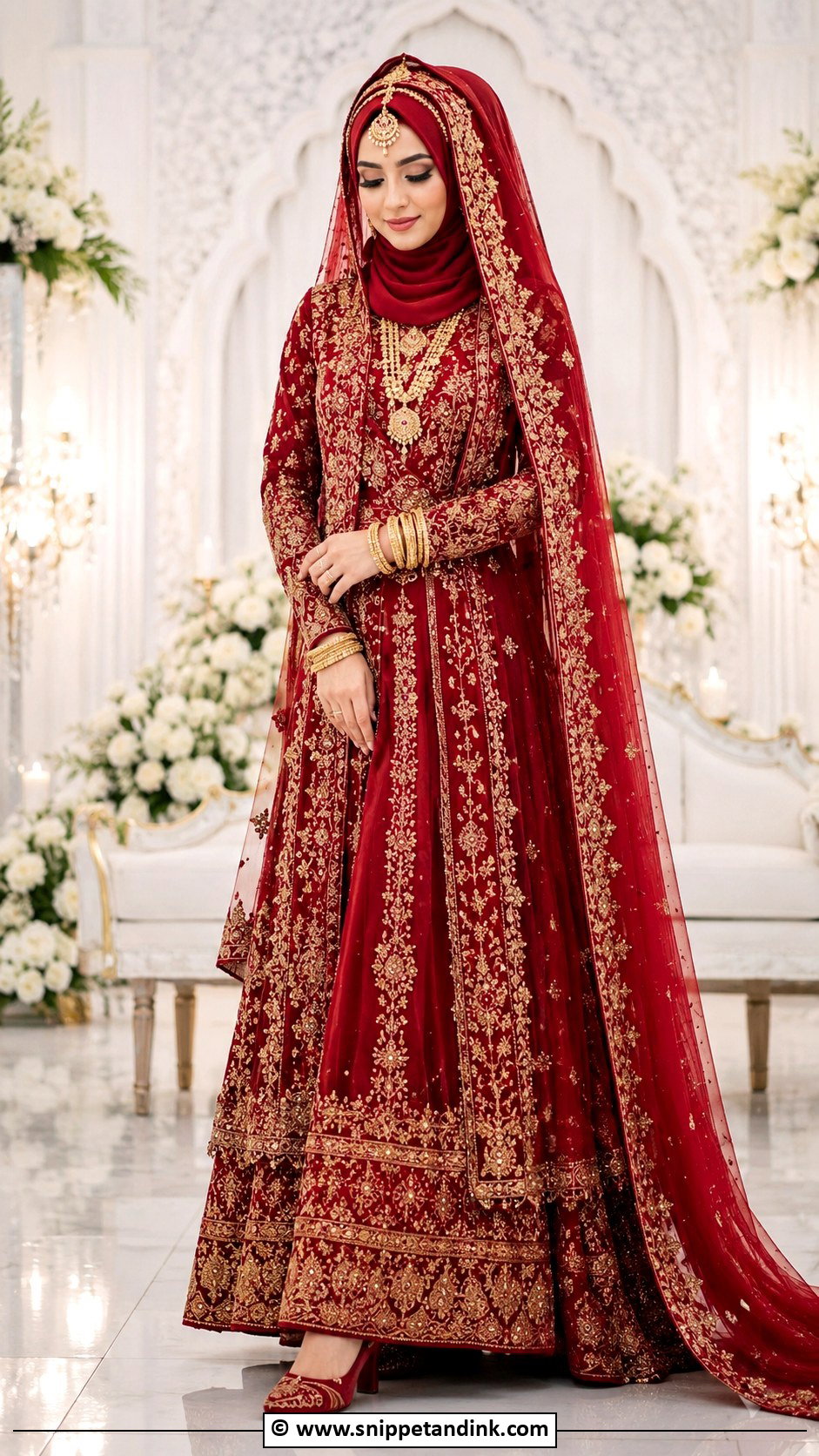 Red Muslim Bridal Dress With Hijab - Snippet and Ink - 30 Muslim Bridal Ideas