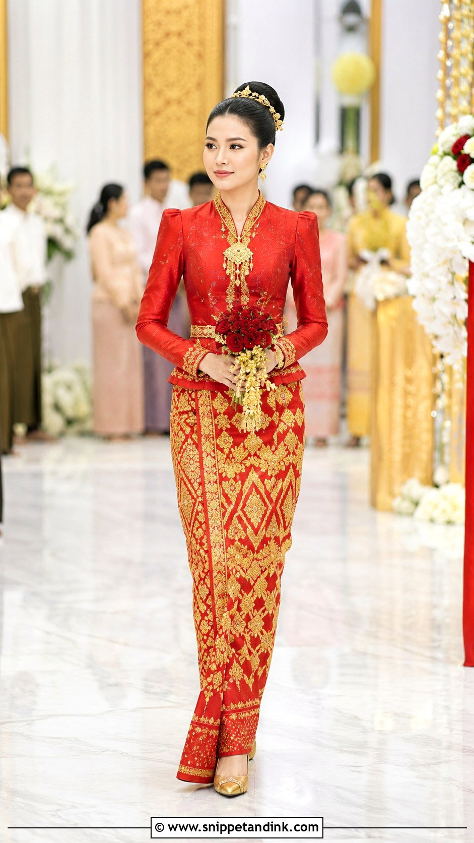 Red Myanmar Wedding Dress With Traditional Jacket - Snippet and Ink - 25 Myanmar Traditional Wedding Dress Ideas