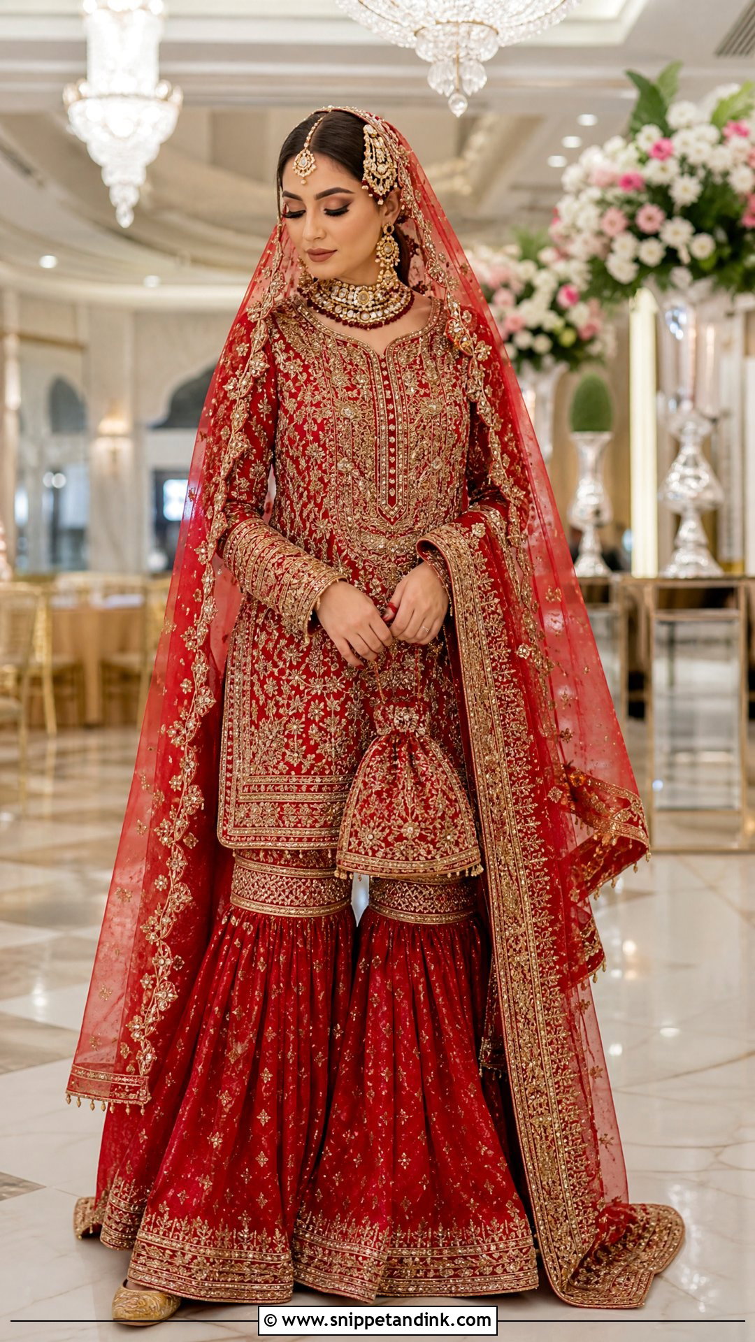 Red Nikkah Gharara With Traditional Gold Zari - Snippet and Ink - 20 Nikkah Gharara Outfit Ideas