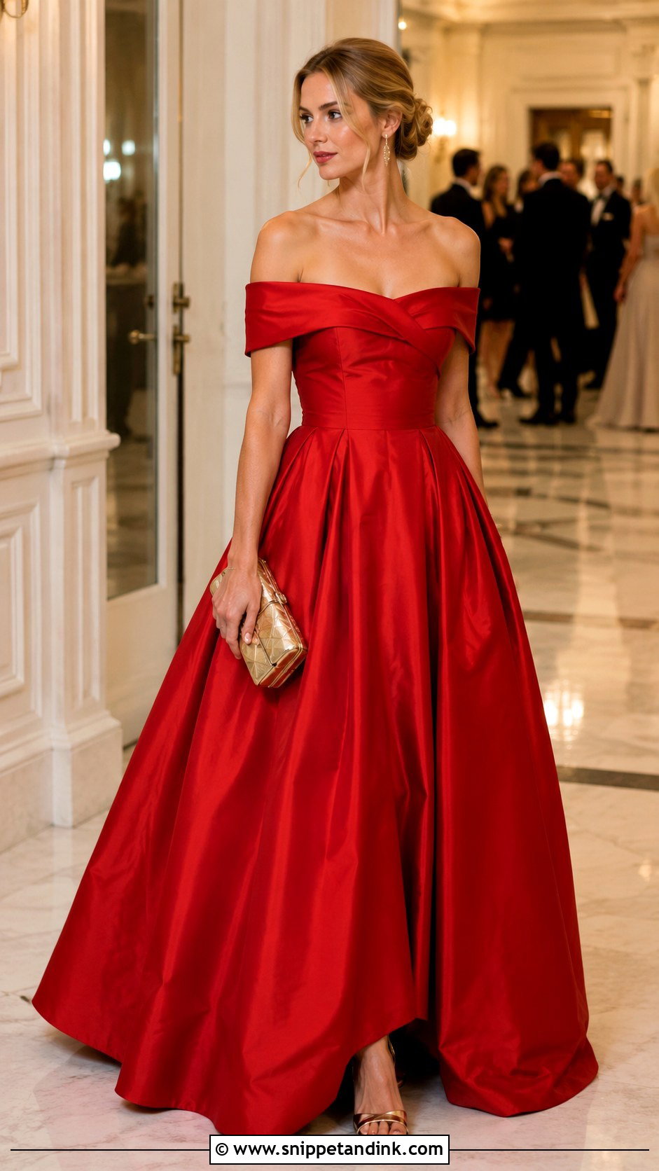 Red Off Shoulder Ball Gown With Gold Accessories - Snippet and Ink - 20 Modern Ball Gown Ideas