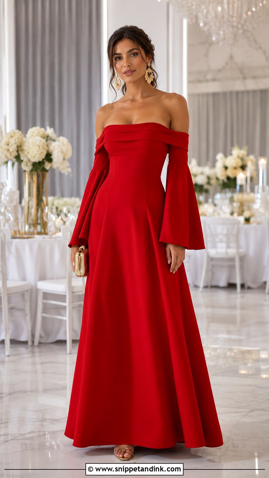 Red Off Shoulder Bell Sleeve Gown - Snippet and Ink - 20 Bell Sleeve Gown Ideas