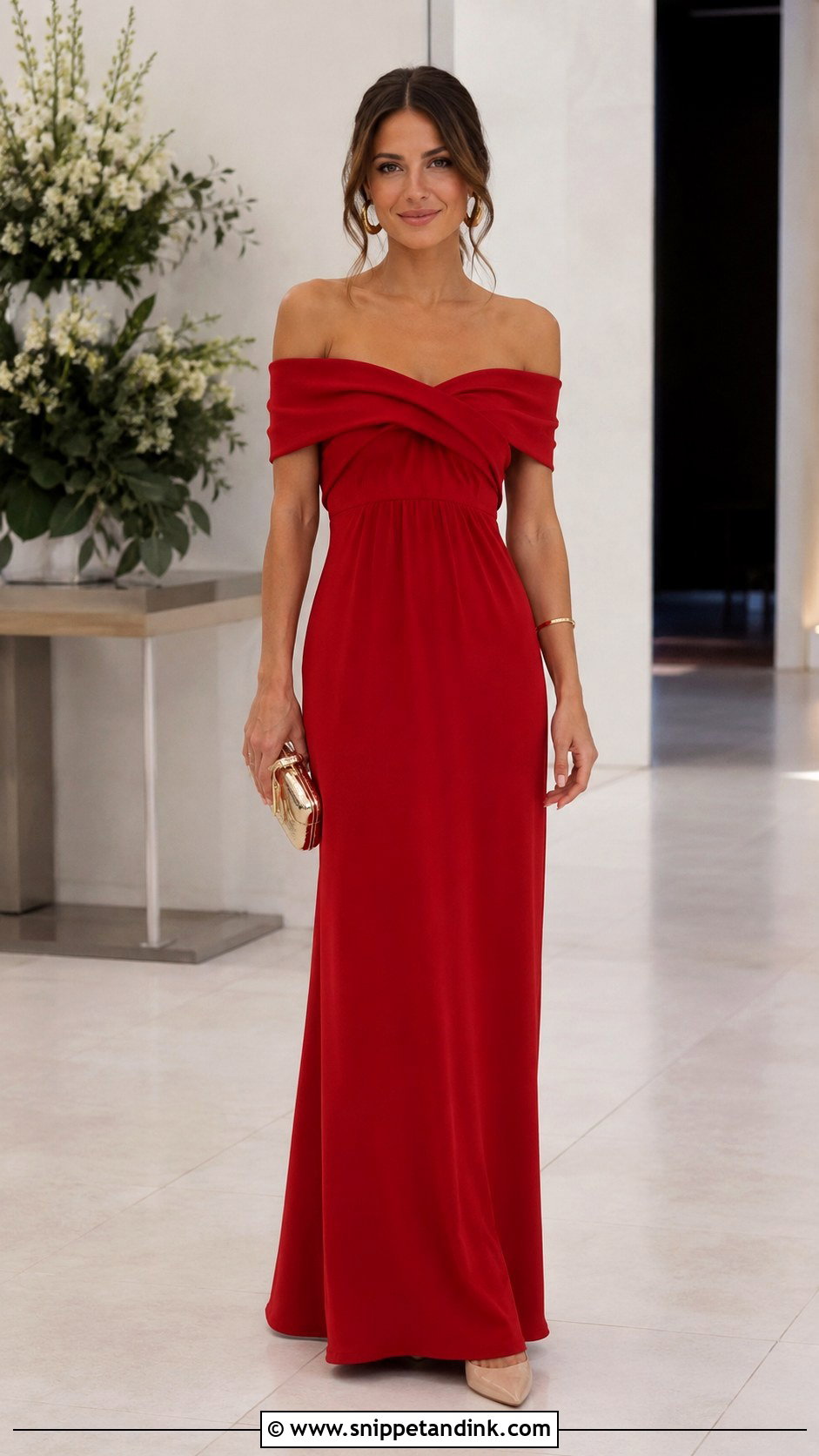 Red Off Shoulder Empire Gown - Snippet and Ink - 20 Empire Gown Ideas