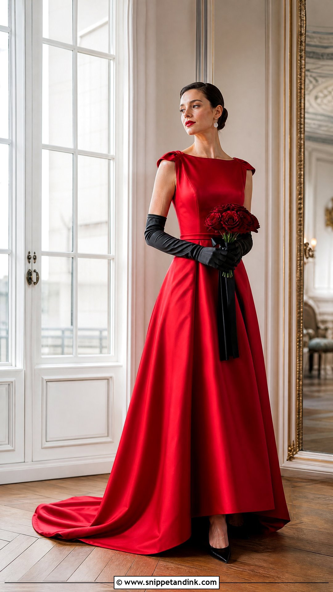 Red Off Shoulder Wedding Dress With Black Gloves - Snippet and Ink - 25 Red and Black Wedding Dress Ideas