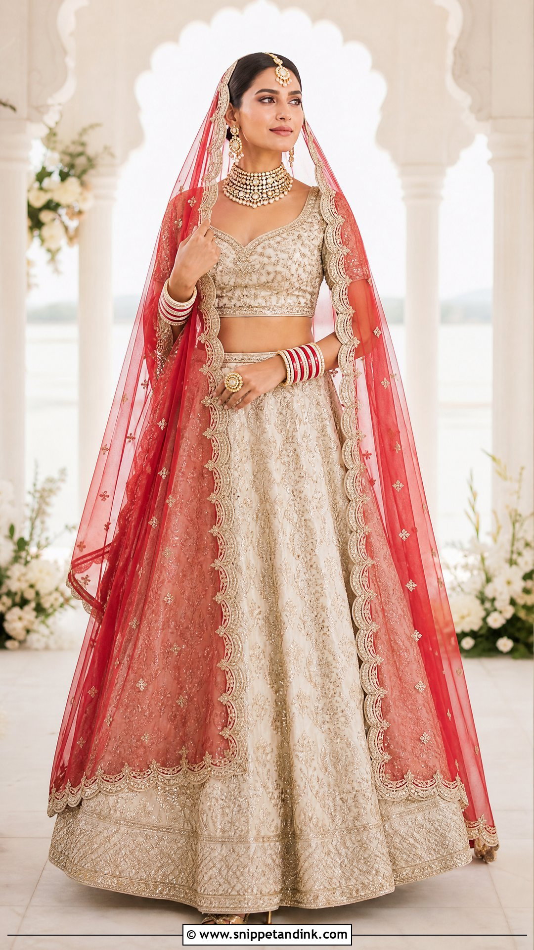 Red Organza Dupatta With Ivory Lehenga - Snippet and Ink - 20 Red Dupatta for Bride Ideas