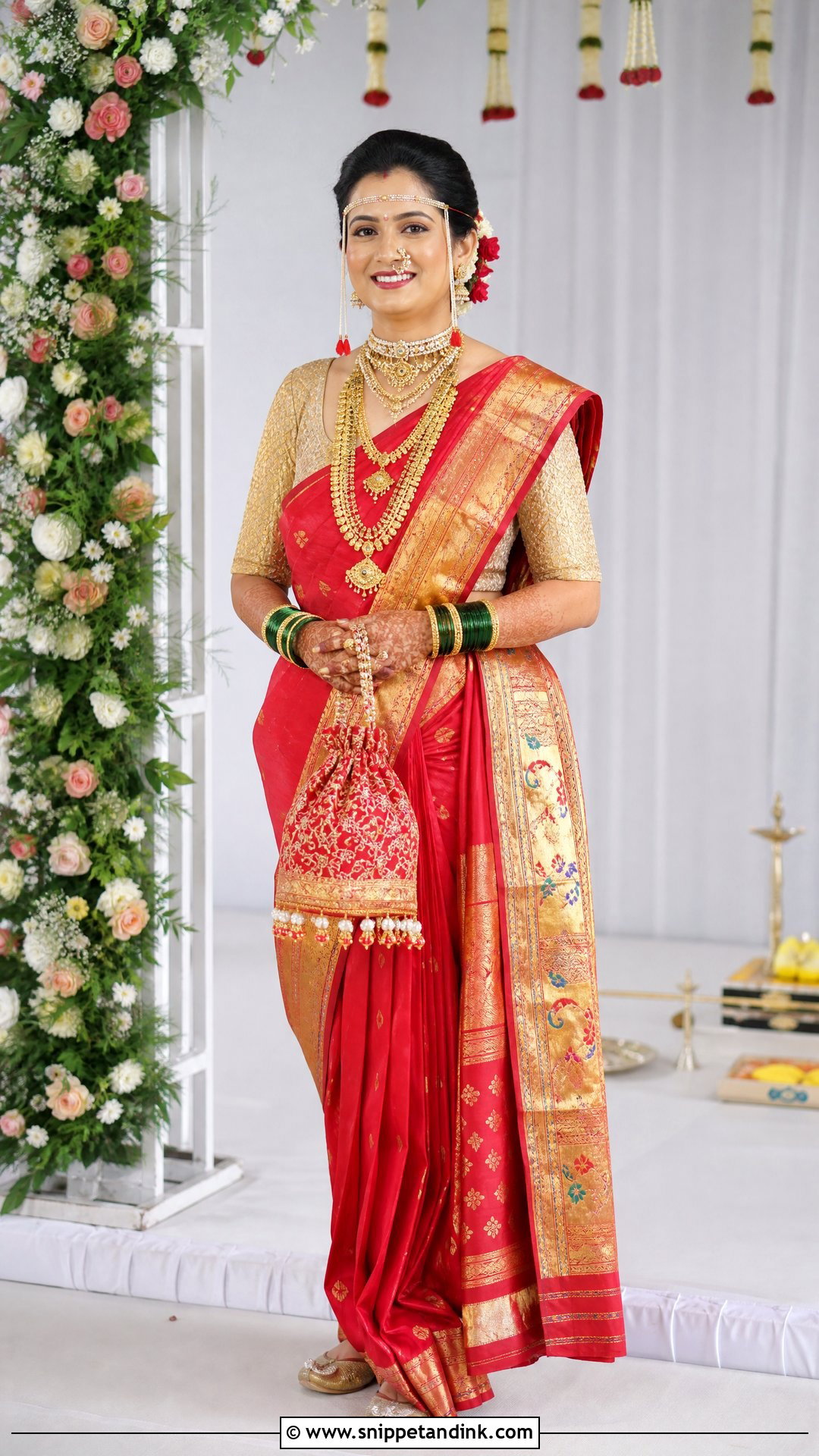 Red Paithani Marathi Bride Look - Snippet and Ink - 20 Simple Marathi Bride Look Ideas