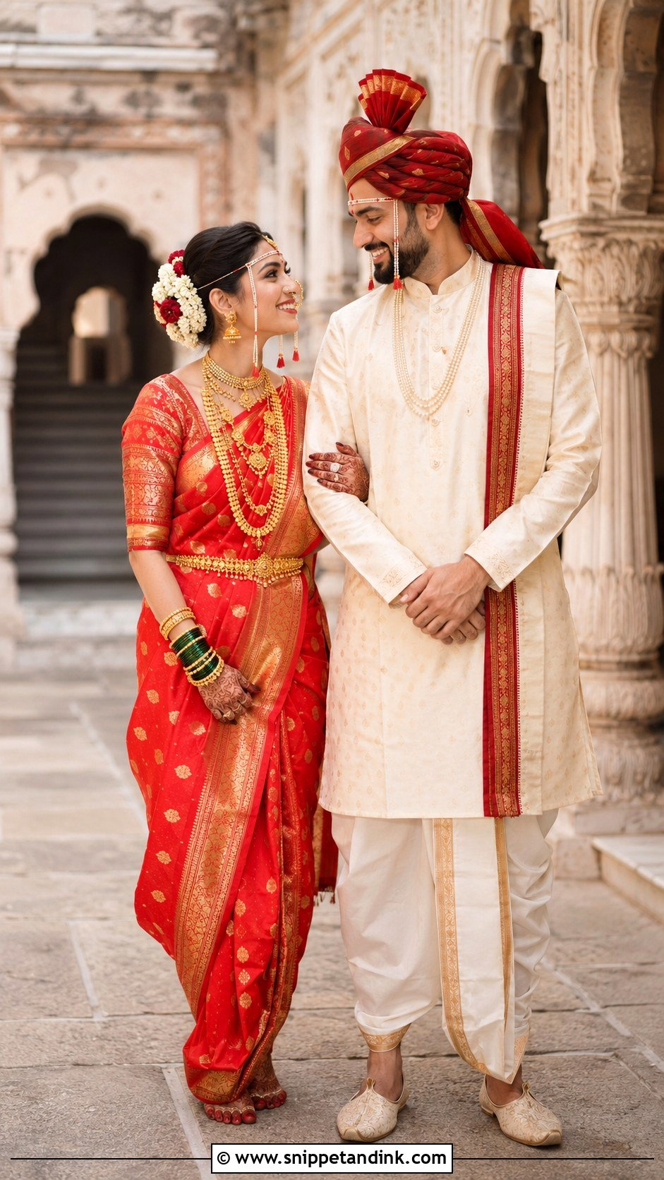 Red Paithani Nauvari And Cream Dhoti Kurta Look - Snippet and Ink - 25 Peshwai Look for Wedding Couple Ideas