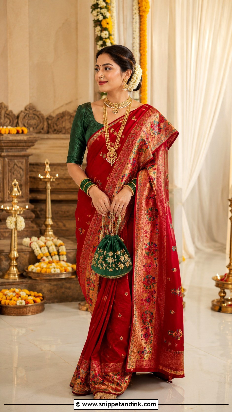 Red Paithani Saree With Green Blouse - Snippet and Ink - 20 Maharatrian Wedding Outfit Ideas
