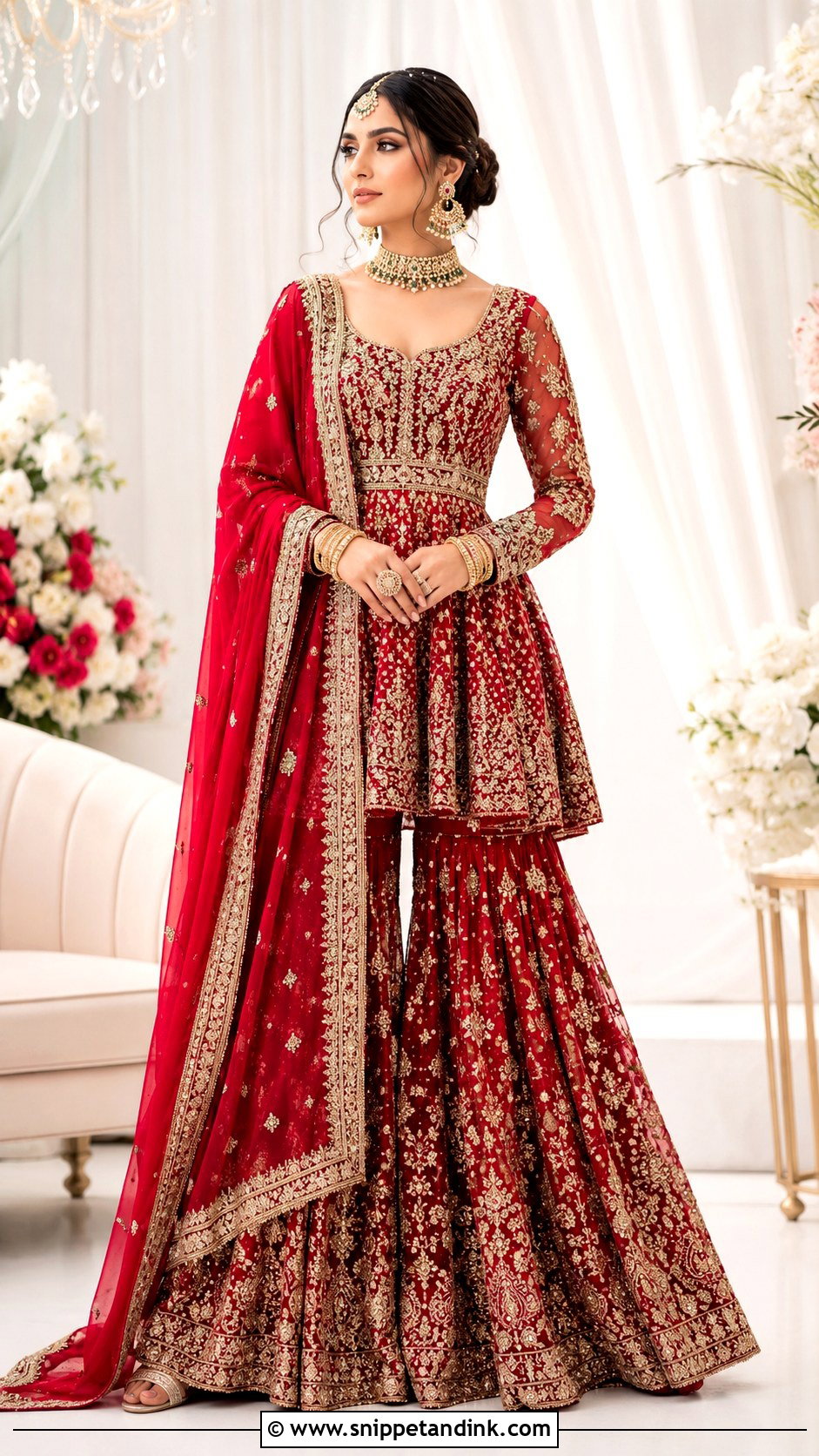Red Pakistani Bridal Sharara With Peplum - Snippet and Ink - 25 Red Pakistani Bridal Wear Ideas