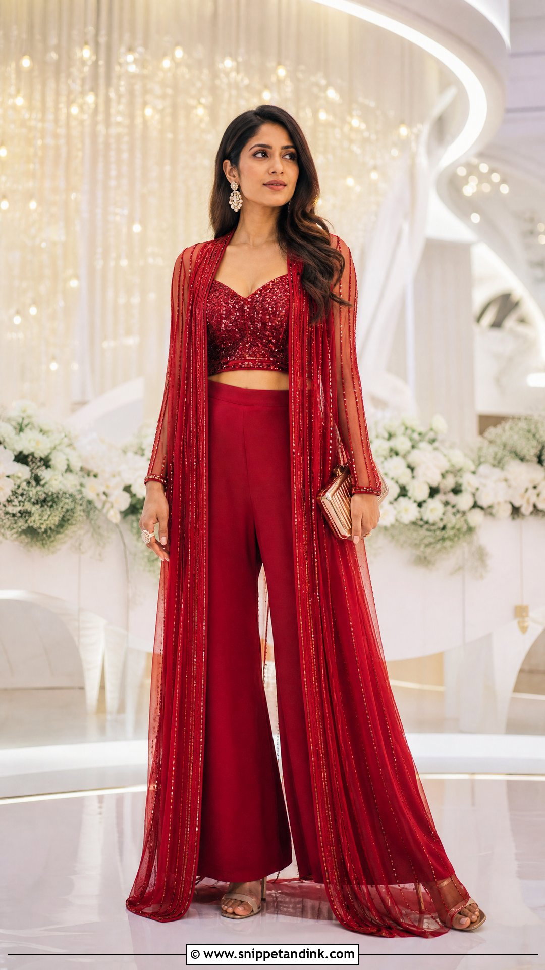 Red Palazzo Cape Sangeet Outfit - Snippet and Ink - 20 Red Sangeet Outfit Ideas