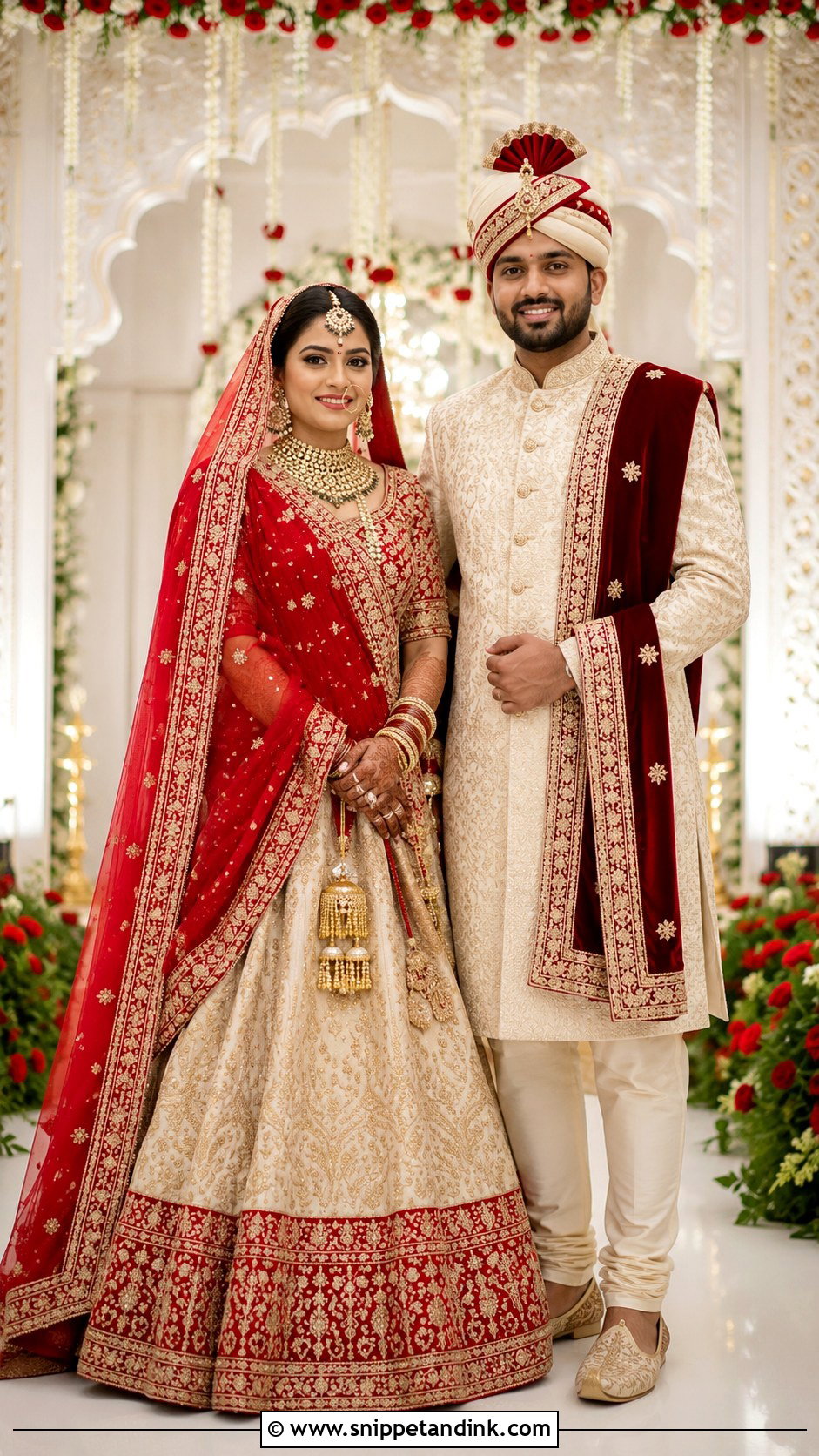 Red Panetar And Ivory Sherwani Couple Outfit - Snippet and Ink - 20 Indian Wedding Couple Outfits