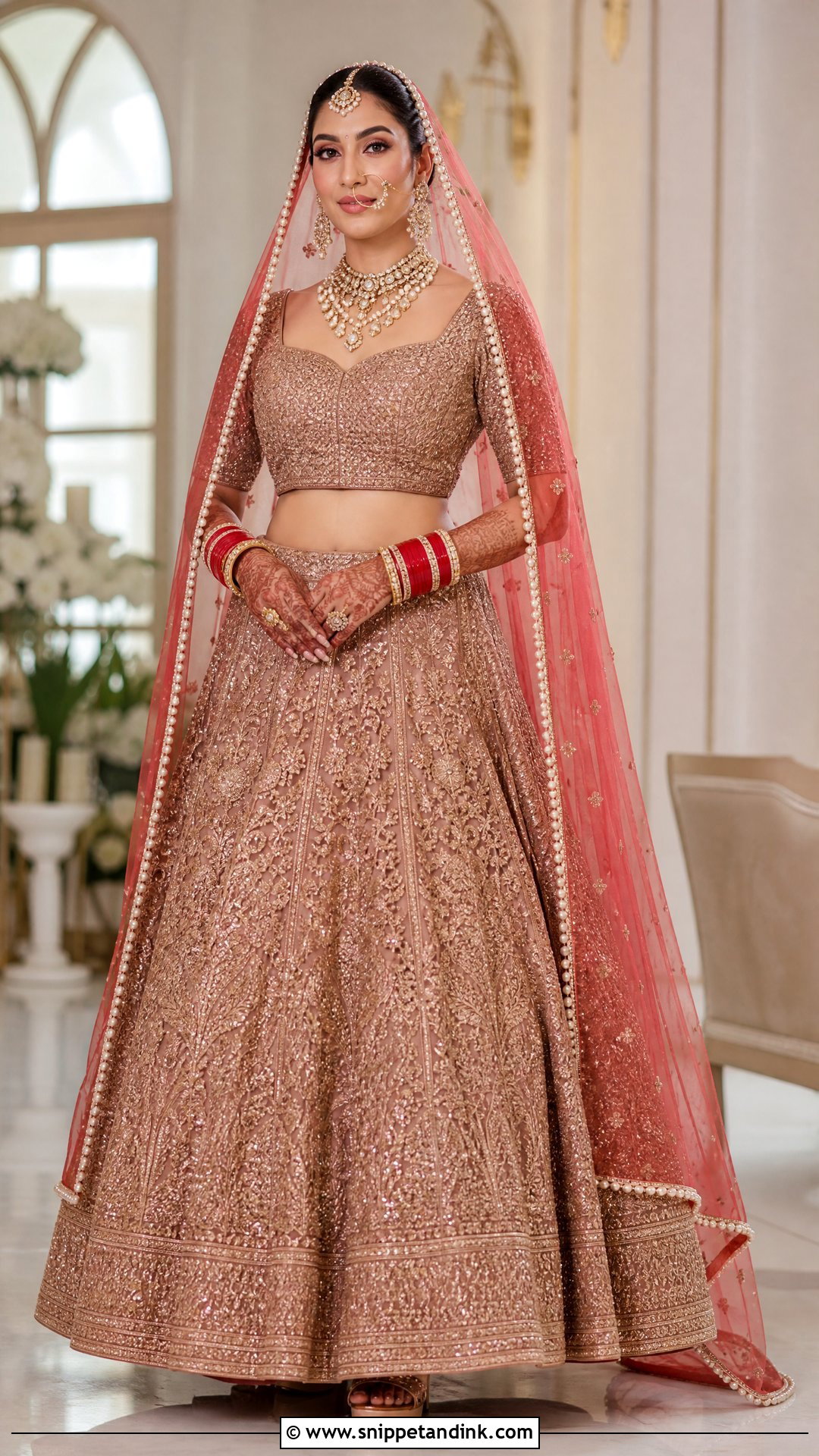 Red Pearl Border Dupatta With Rose Gold Lehenga - Snippet and Ink - 20 Red Dupatta for Bride Ideas